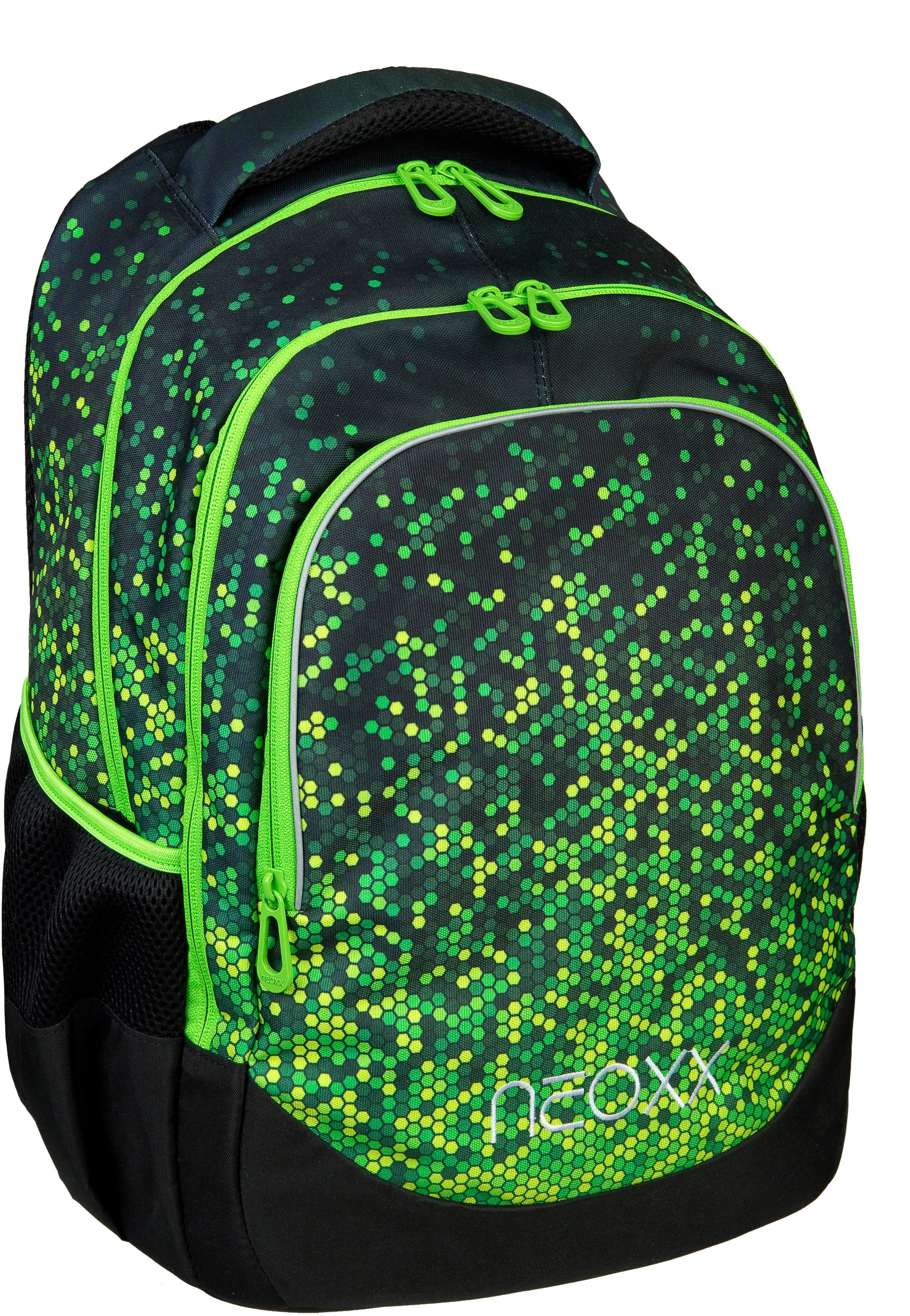 neoxx Schulrucksack »Fly, Pixel in my mind«, Reflektionsnaht, aus recycelten PET-Flaschen