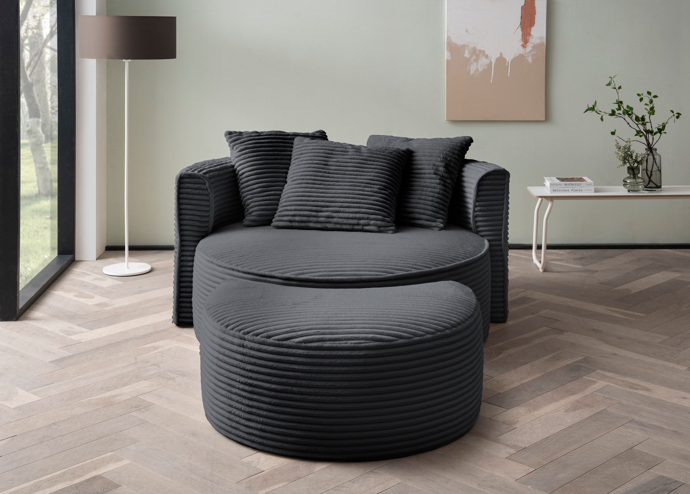 LeGer Home by Lena Gercke XXL-Sessel »ISALIE, Rundsessel mit Hocker, Lesesessel, Loveseat, Big-Sessel«, (Set), trendige Stoffe, mit 3 Zierkissen, grosse Sitzfläche