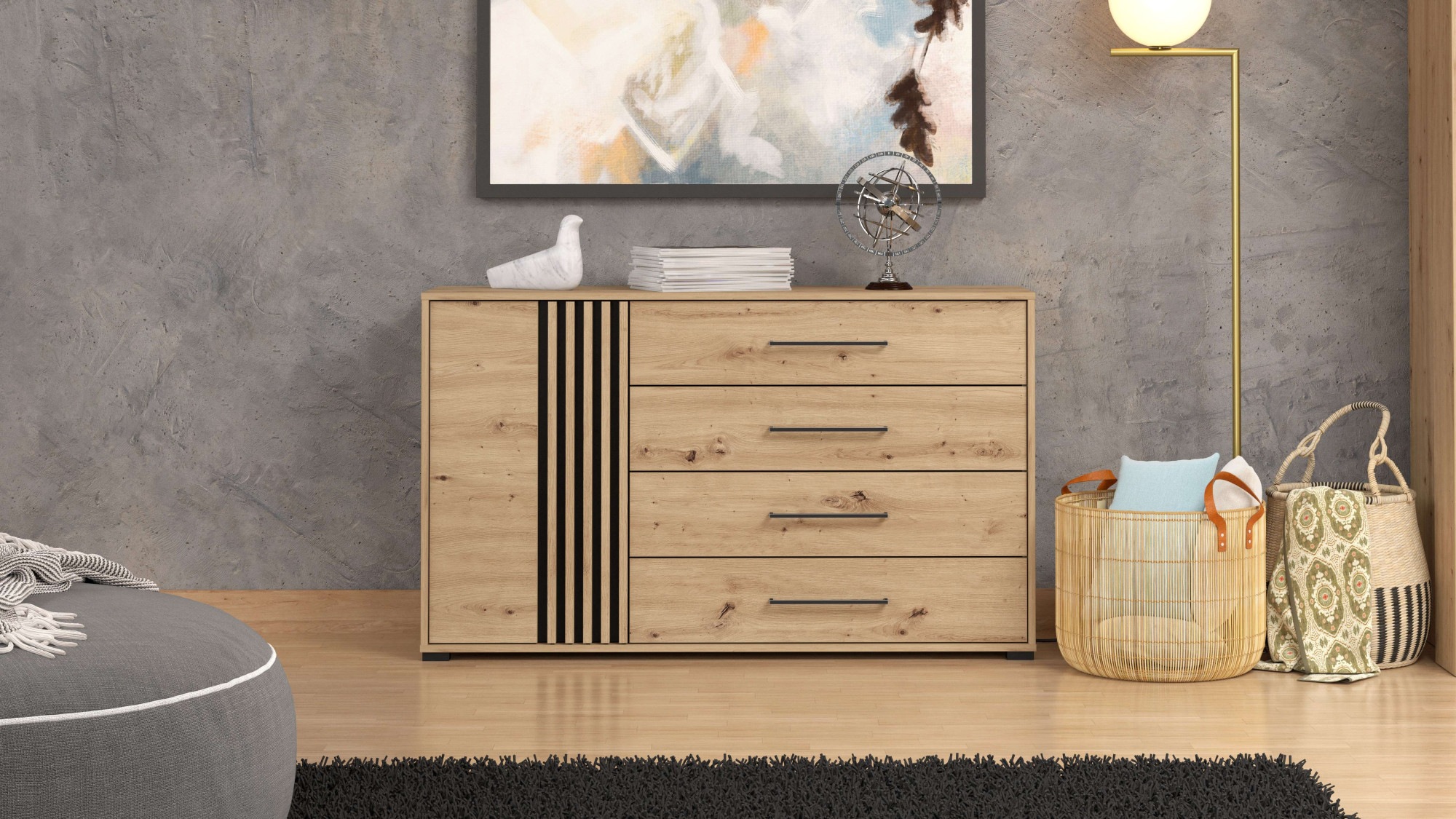 Home affaire Kommode "Ascalon Sideboard, Breite 138 oder 93 cm, mit ABS Schutzkanten" 3D Optik durch Lamellen/ Paneele, FSC-zertifizierter Holzwerkstoff