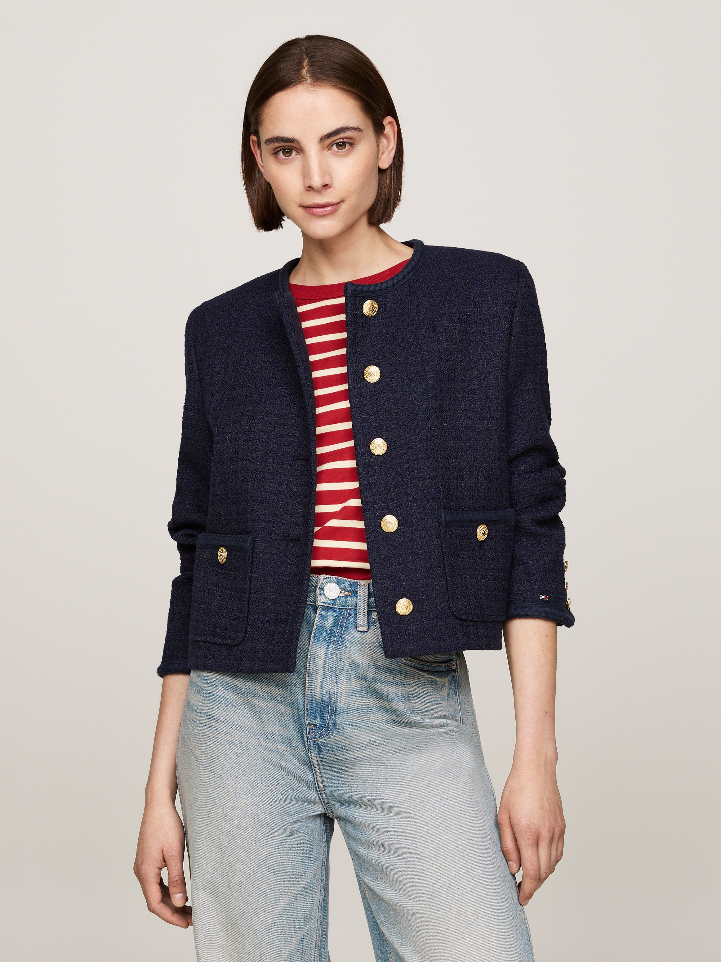 Tommy Hilfiger Kurzblazer »TWEED CO MIX CREW NECK JACKET«, Tweed Qualität, Rundhals