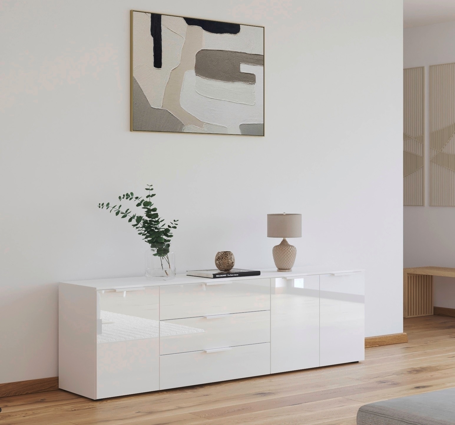 rauch Kombikommode "Kommode Türkommode Sideboard Kombikommode FLIPP mit Glasfront" Breite 200 cm mit 2 Einlegeböden, 3-türig mit 3 Schubladen und Soft-Close-Funktion sowie Glasfront