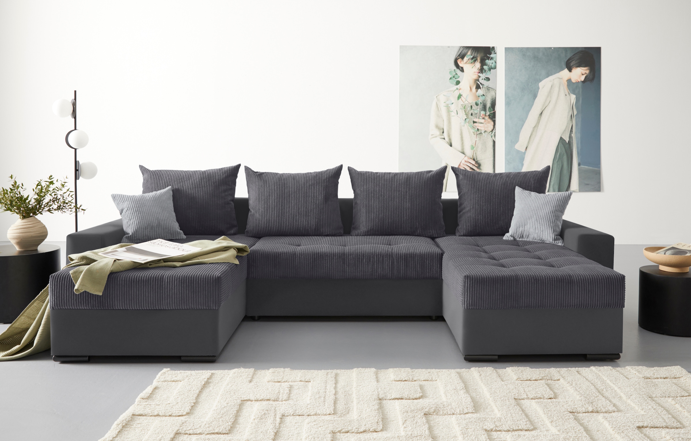 COLLECTION AB Wohnlandschaft »XL-Josy U-Form, Breite 313 cm, Cord-/Mix«, inkl. Bettfunktion, Bettkasten, mit 4 gleich grossen Rückenkissen