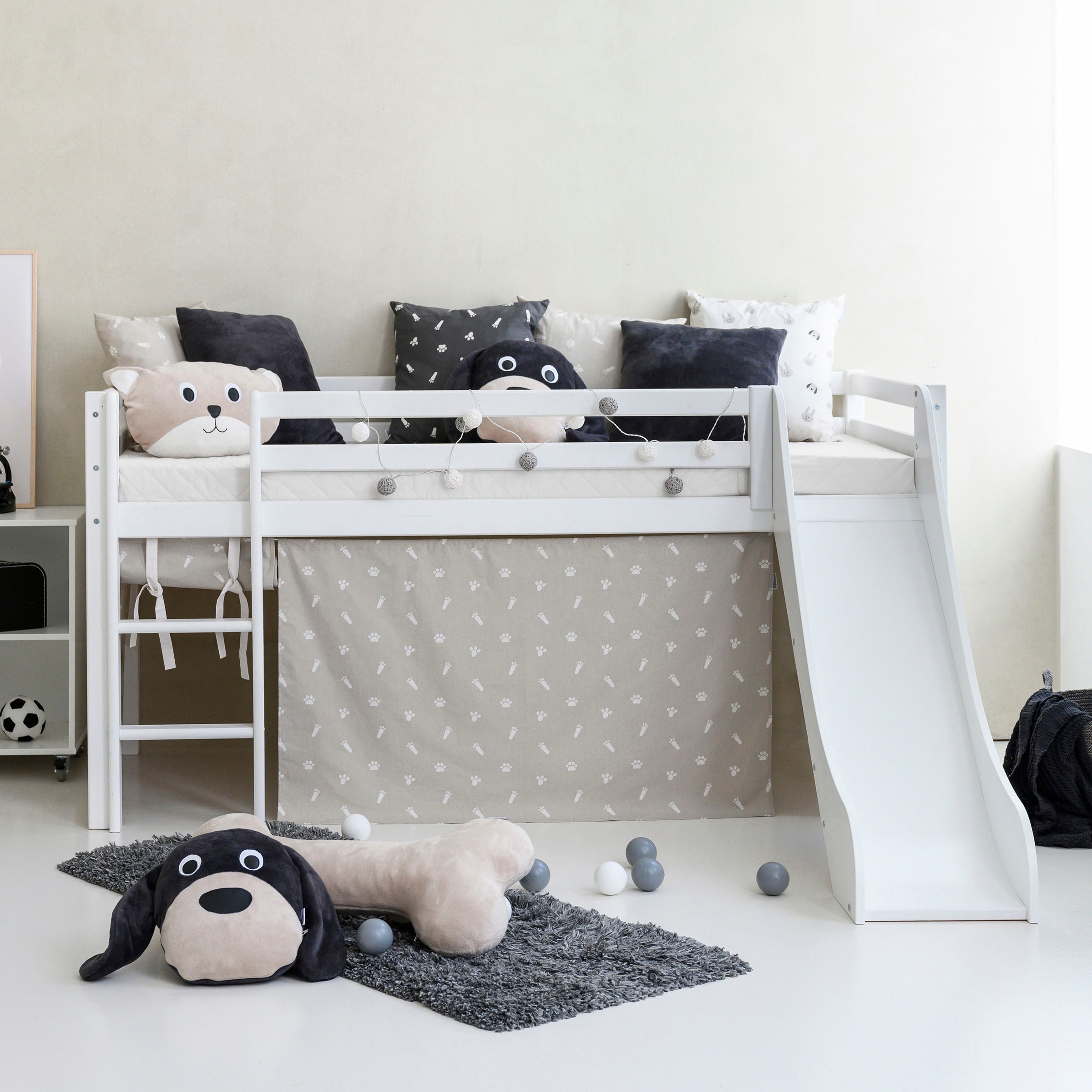 Hoppekids Hochbett »«Pets Silbergrau»« Rutsche & Vorhang Grau und viel Auswahl