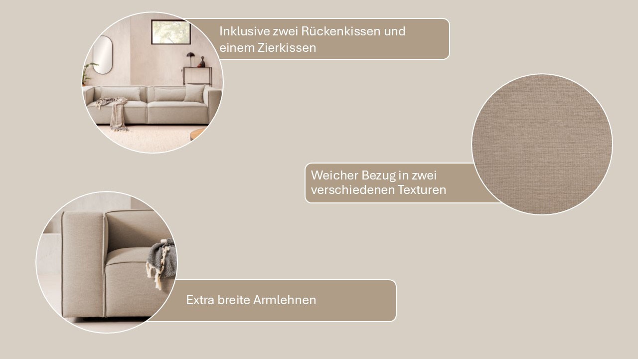 LeGer Home by Lena Gercke 3-Sitzer »PIARA, Couch mit Kedernaht, Sofa in Cord oder Leinenoptik«, schwarze Füsse, bequemer Sitzkomfort