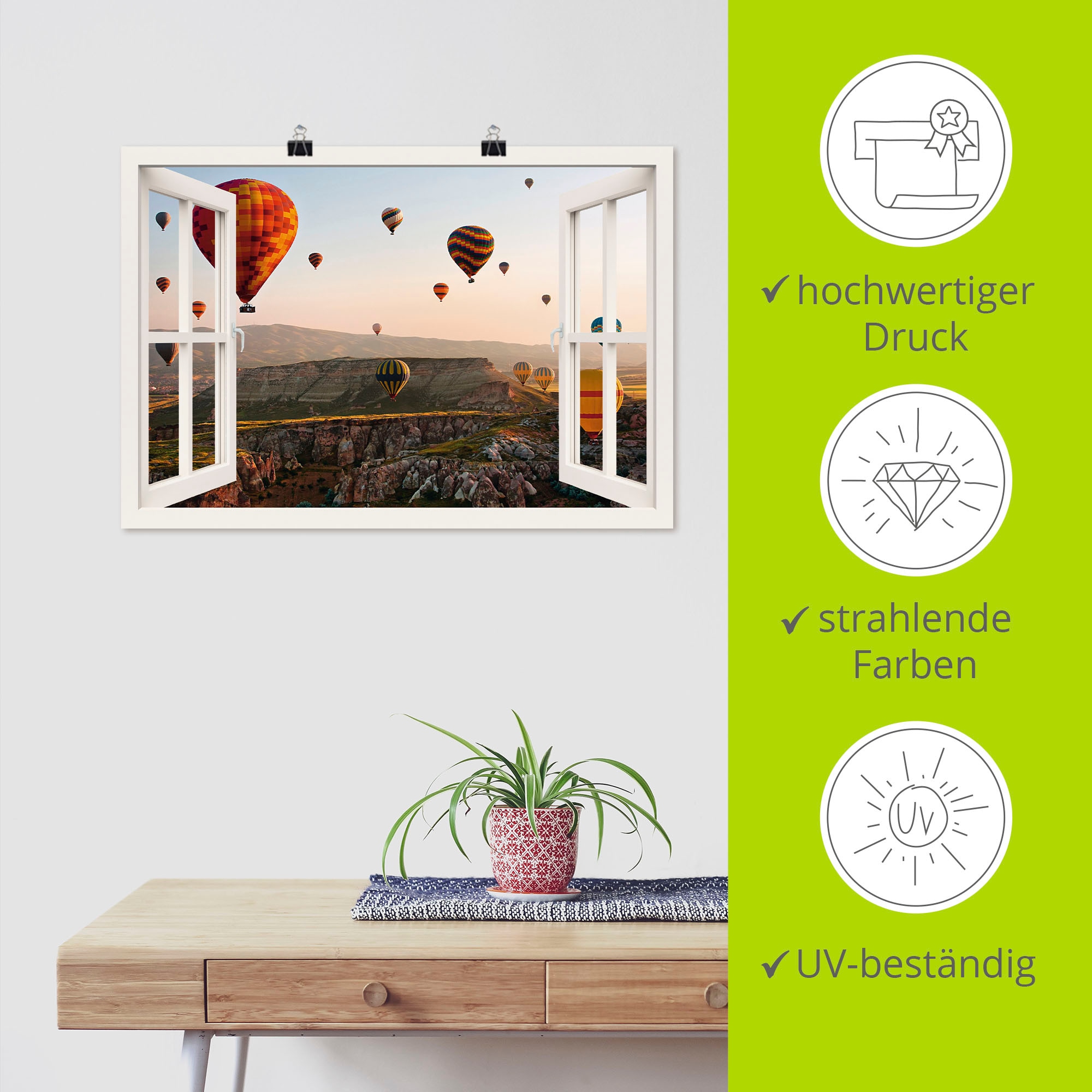 Artland Wandbild »Fensterblick Kappadokien Ballonfahrt«, Ballonfahren, (1 St.), als Poster, Wandaufkleber in verschied. Grössen