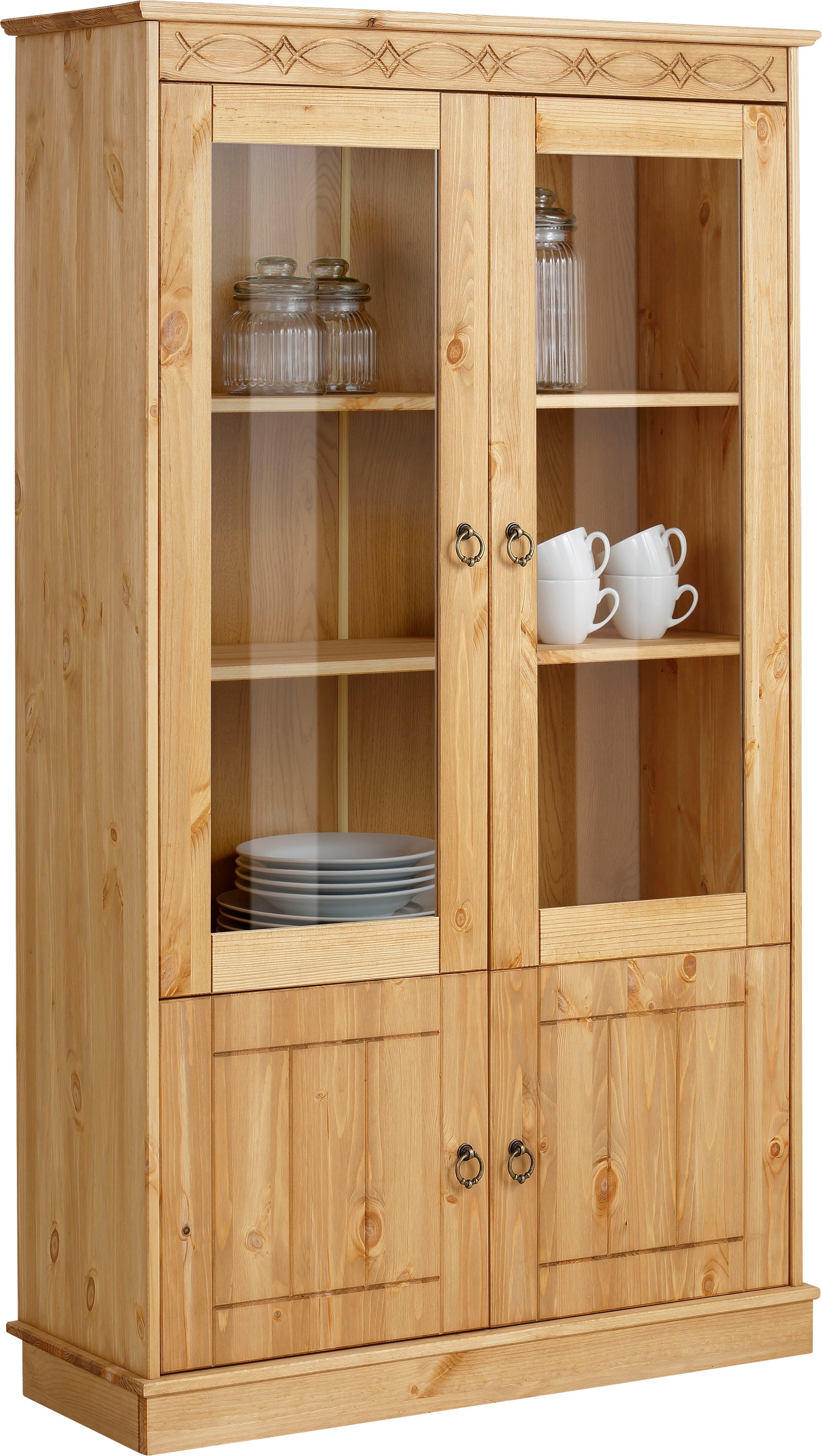 OTTO home Vitrine "Indra" aus massiver Kiefer, FSC, Höhe 145 cm, dezentes Ornament