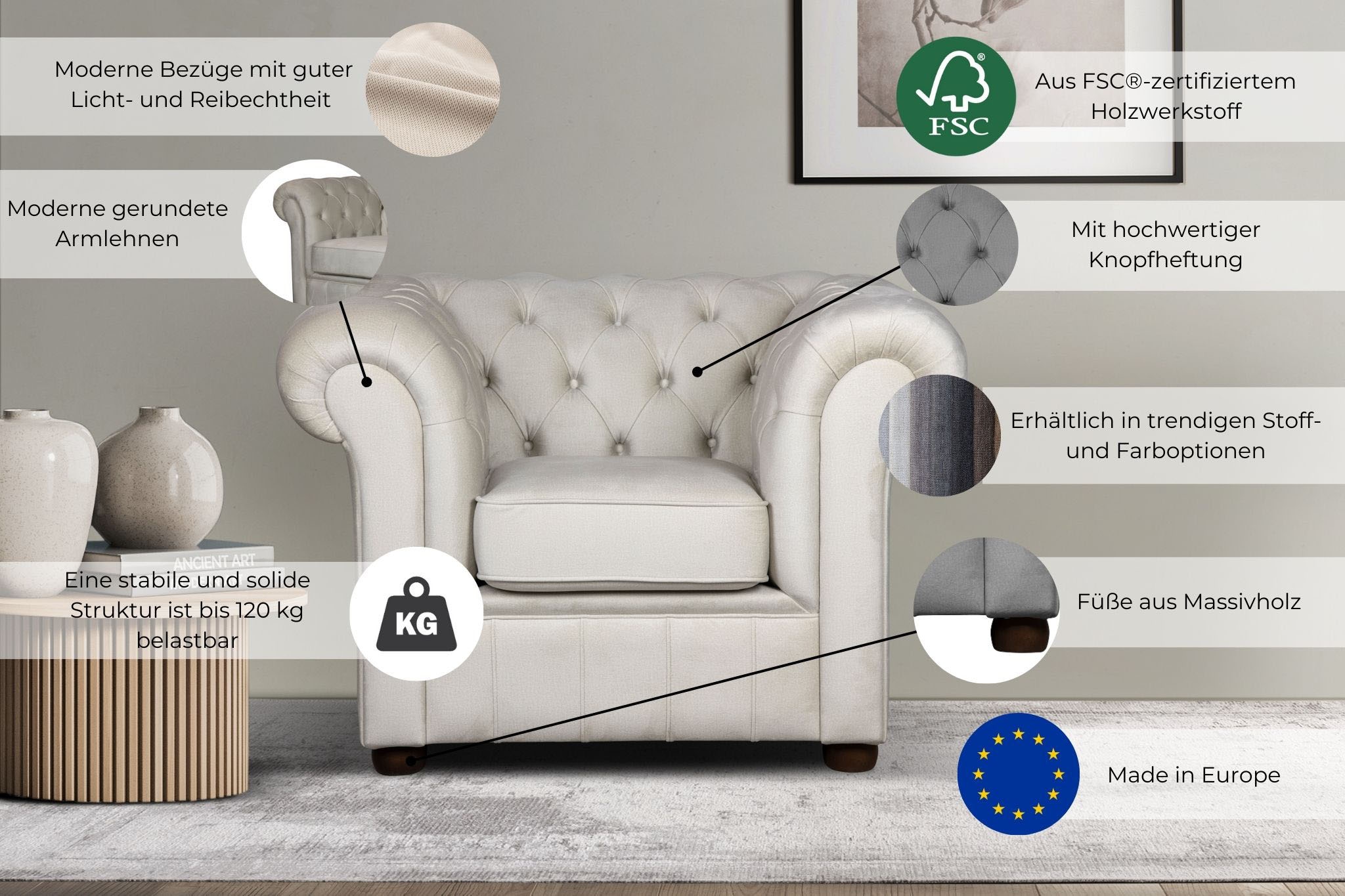 Home affaire Sessel »CHARENTE, Chesterfield, Wellenfederung, Masse B/T/H: 105/89/74 cm«, mit edler Knopfheftung und typischen Armlehnen