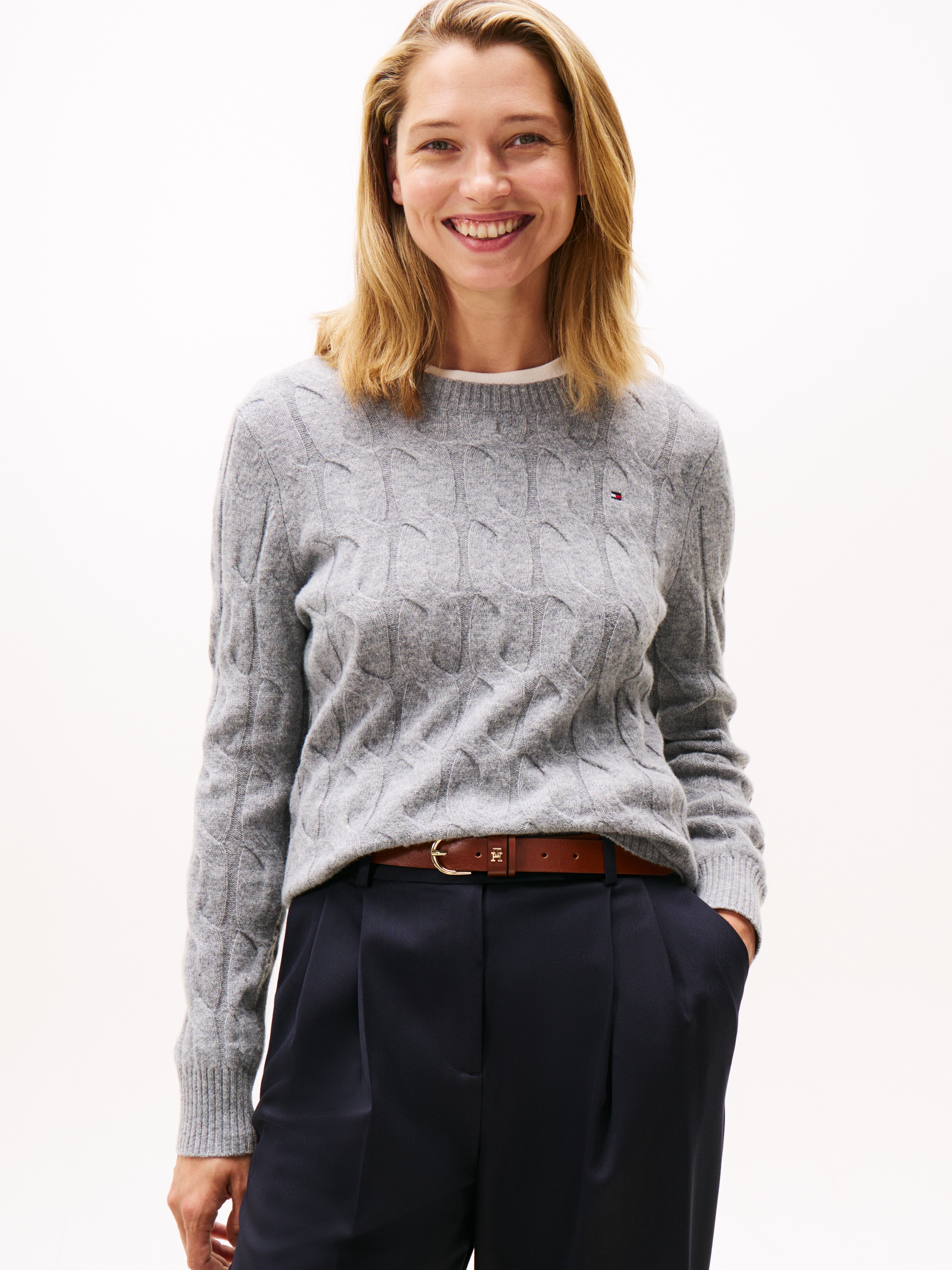 Tommy Hilfiger Strickpullover »SOFT WOOL CABLE C-NK« mit Zopfmuster, aus reiner Wolle