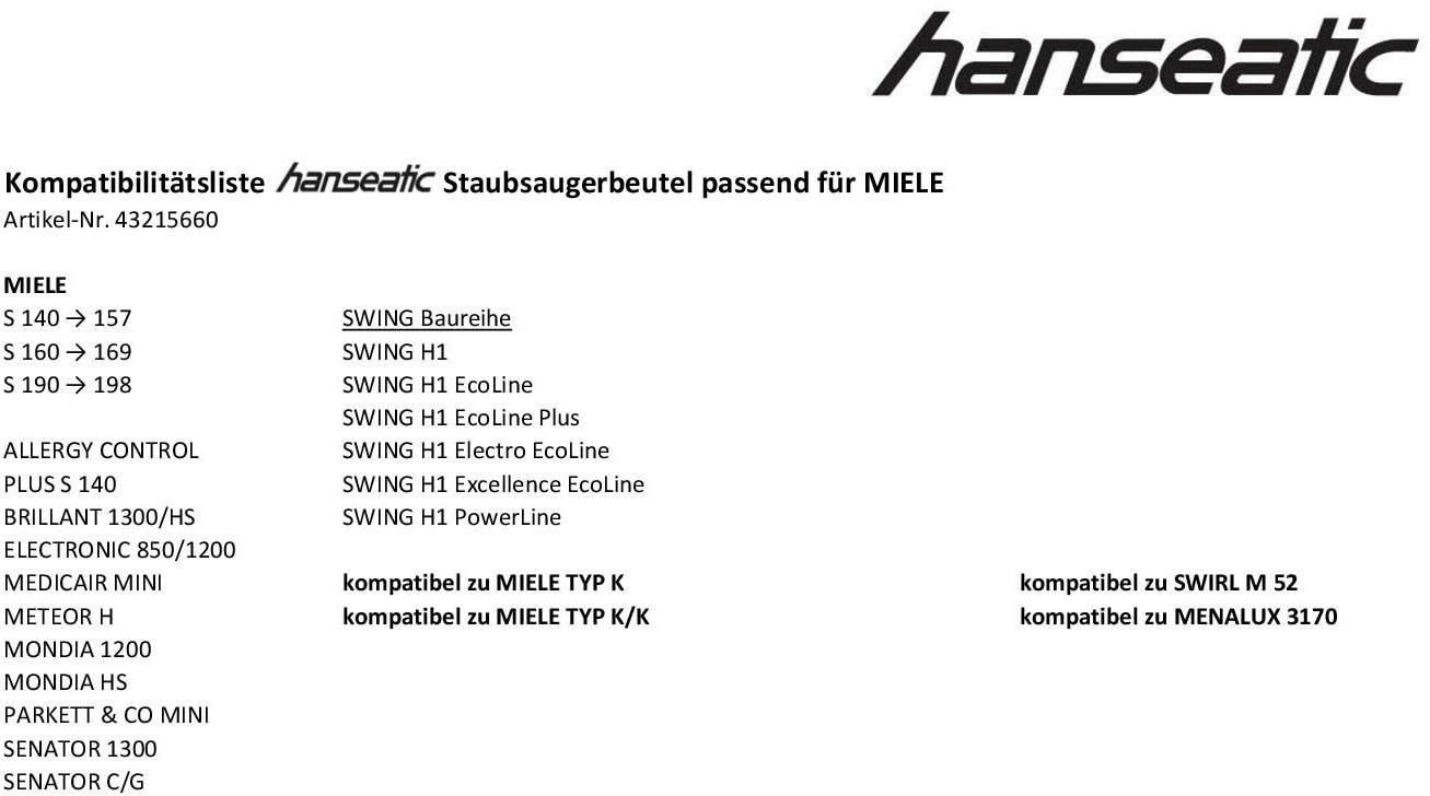 Hanseatic Staubsaugerbeutel, (Packung, 10 St.), passend für MIELE Swing H1 Handstaubsauger und MIELE S 140 Baureihe