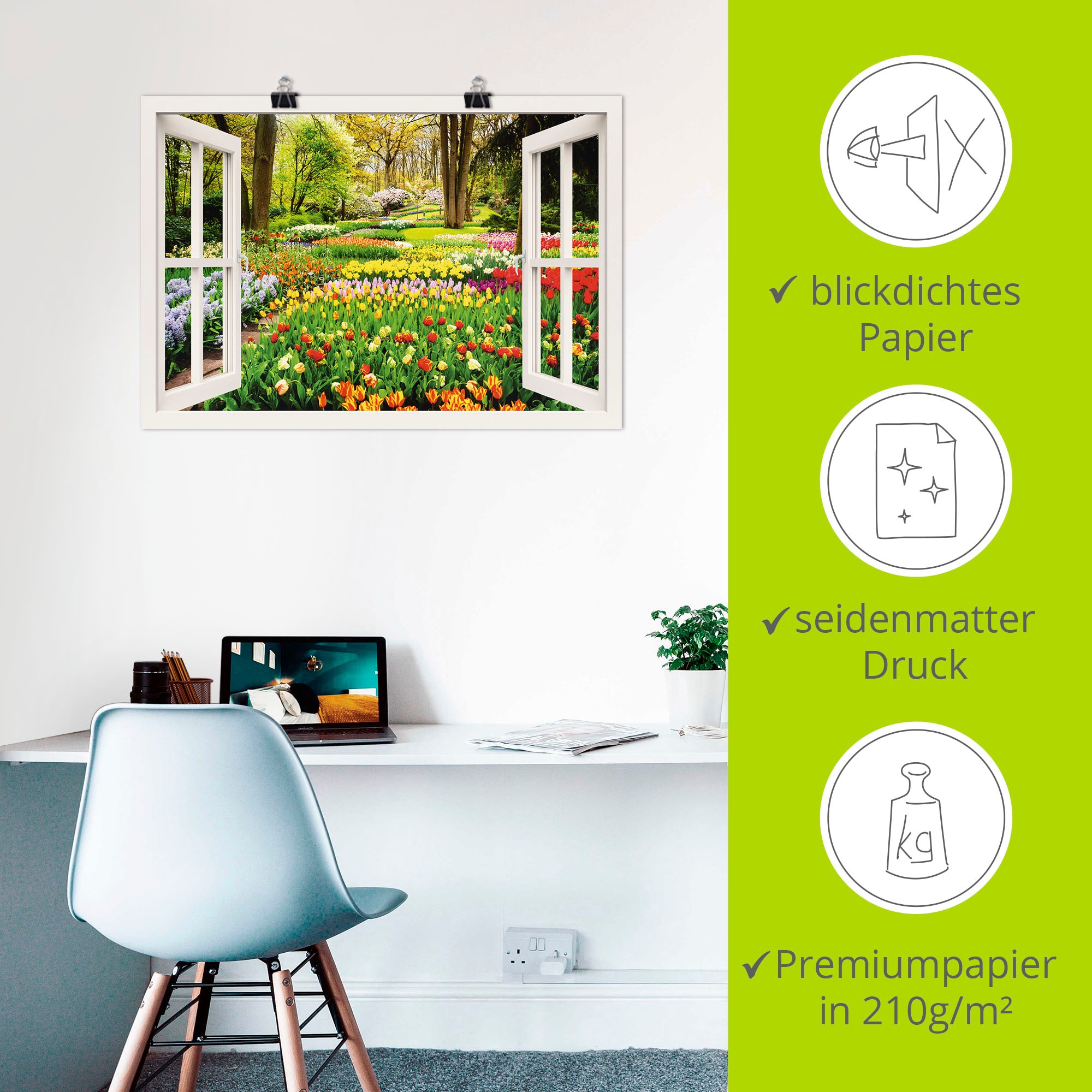 Artland Wandbild »Fensterblick Tulpen Garten Frühling«, Fensterblick, (1 St.), als Alubild, Outdoorbild, Leinwandbild, Poster, Wandaufkleber