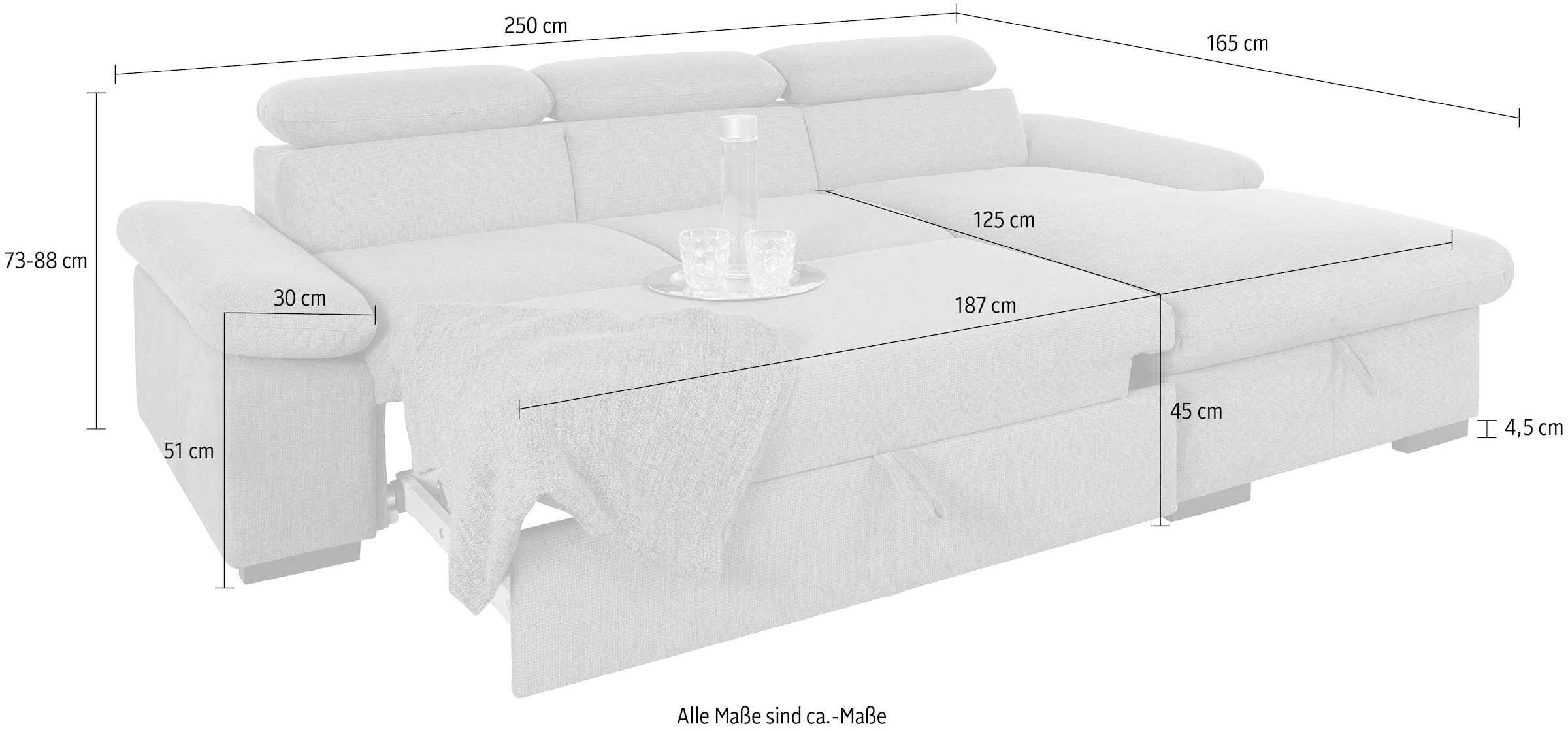 COTTA Ecksofa »Lola L-Form mit Kopfteilfunktion & Hocker«, (Set, mit Hocker), wahlweise mit Bettfunktion, Bettkasten & Armteilverstellung