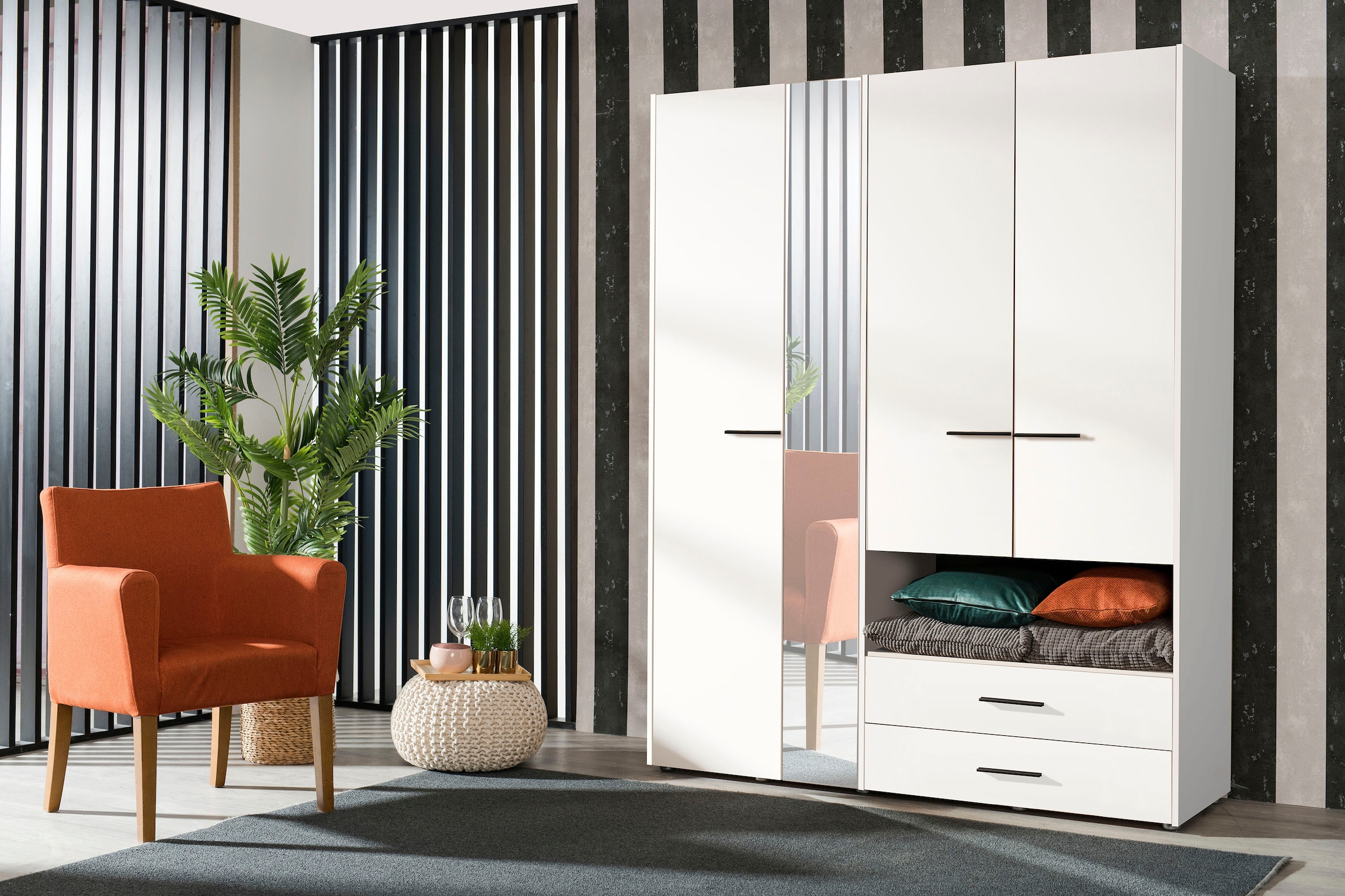 INOSIGN Kleiderschrank »Leon, FSC® -zertifiziertem Holzwerkstoff« mit Spiegel, Innenausstattung und 2 Schubladen, 127,5x55x205,5cm