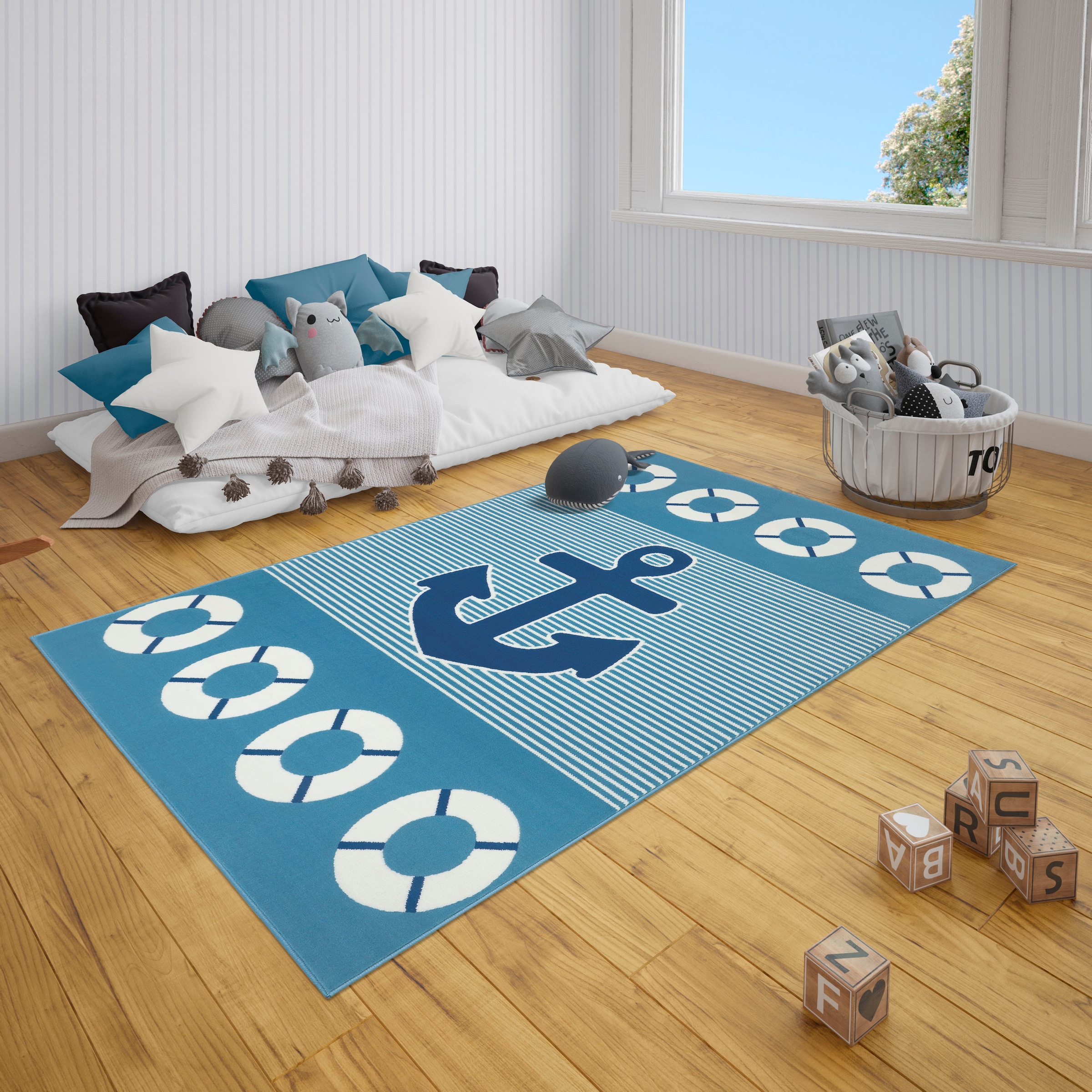 HANSE Home Kinderteppich »Take a Cruise«, rechteckig, 9 mm Höhe, Motiv Anker, Rettungsring, Maritim, Kurzflor