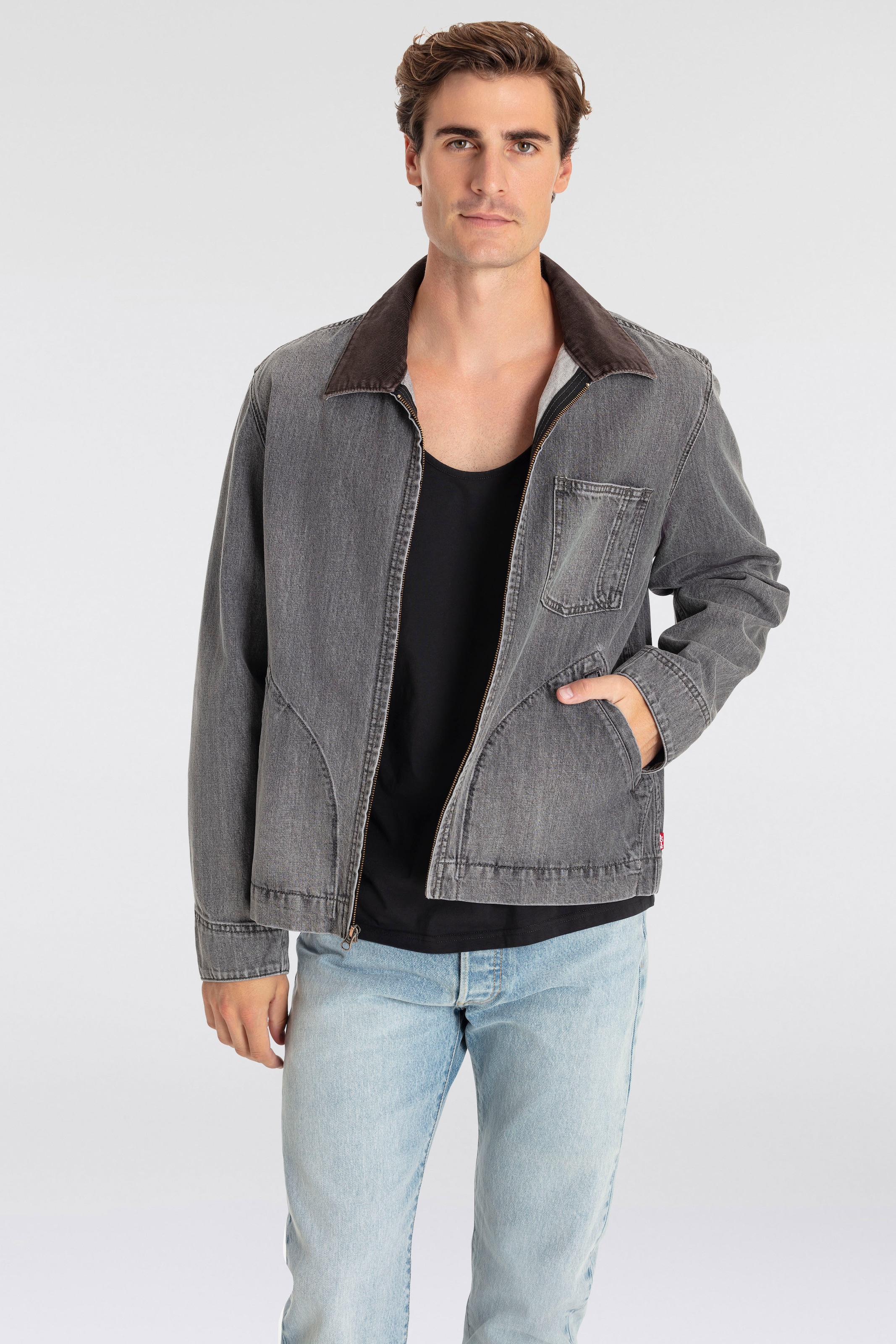 Jeansjacke »FULL ZIP MECHANICS TRKR«, mit Zipper und Kragen mit Cordbesatz