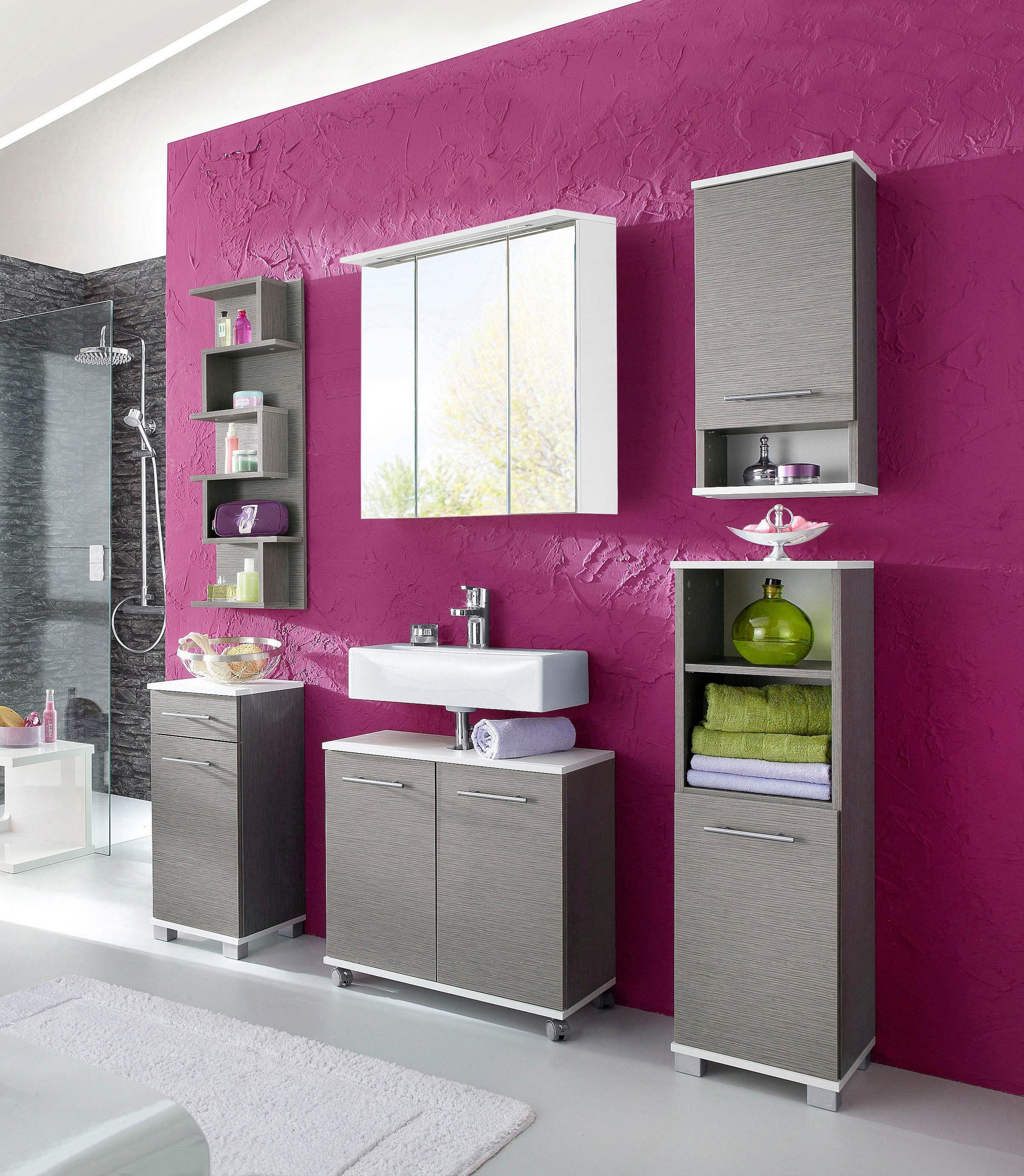 welltime Waschbeckenunterschrank »Emmi, Breite 59 cm«, Siphonausschnitt, Metallbeschläge