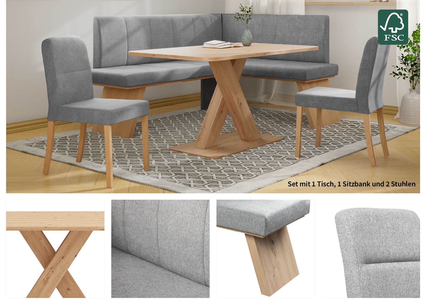 Home affaire Eckbankgruppe »Nina«, (Set, 4 tlg., 4er), Sitzgruppe Esszimmer Stühle Tisch und Bank bequem gepolstert