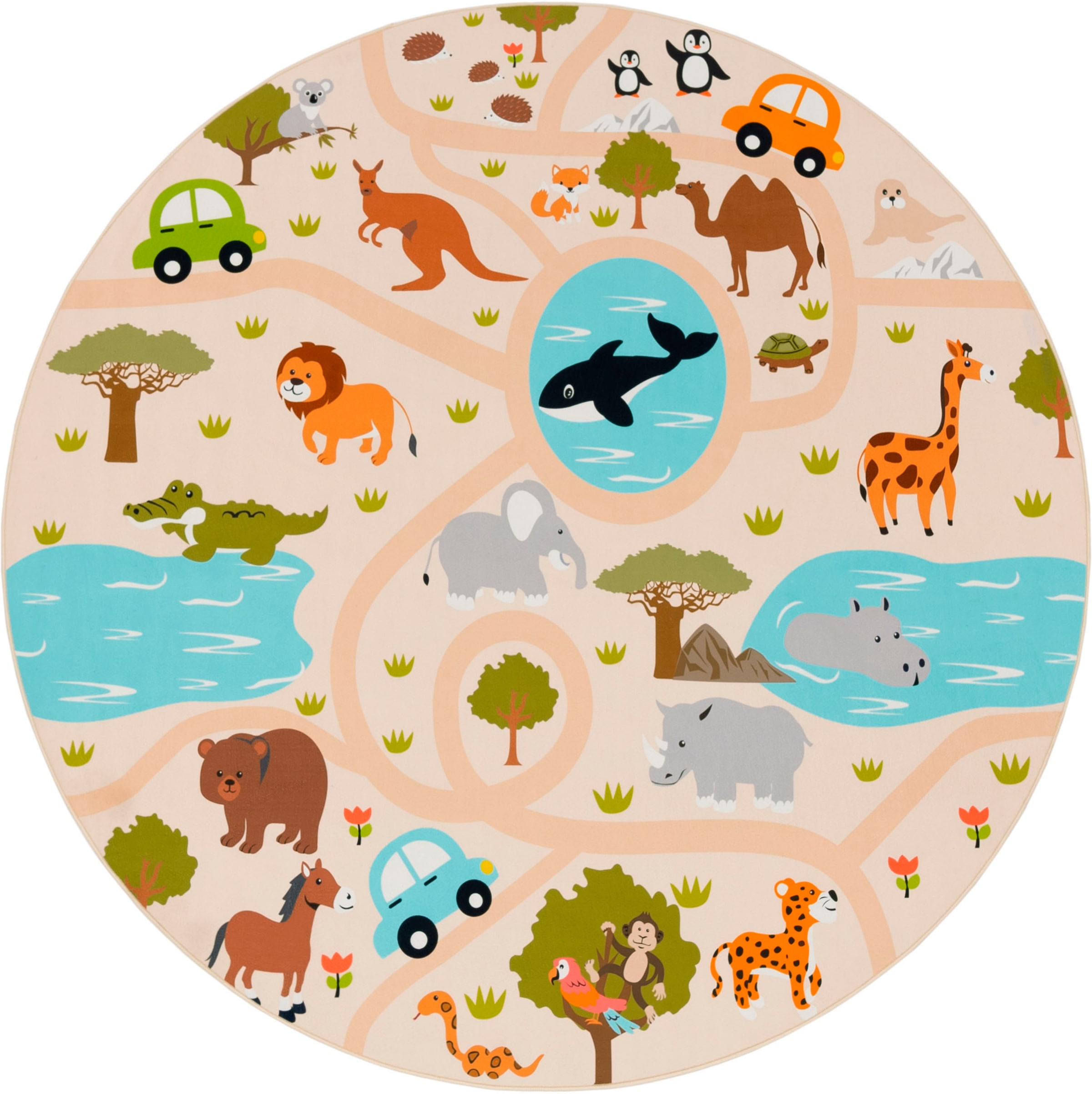 Paco Home Kinderteppich »Bino 580«, rund, 4 mm Höhe, Spielteppich, Motiv Strasse & Autos, Kinderzimmer