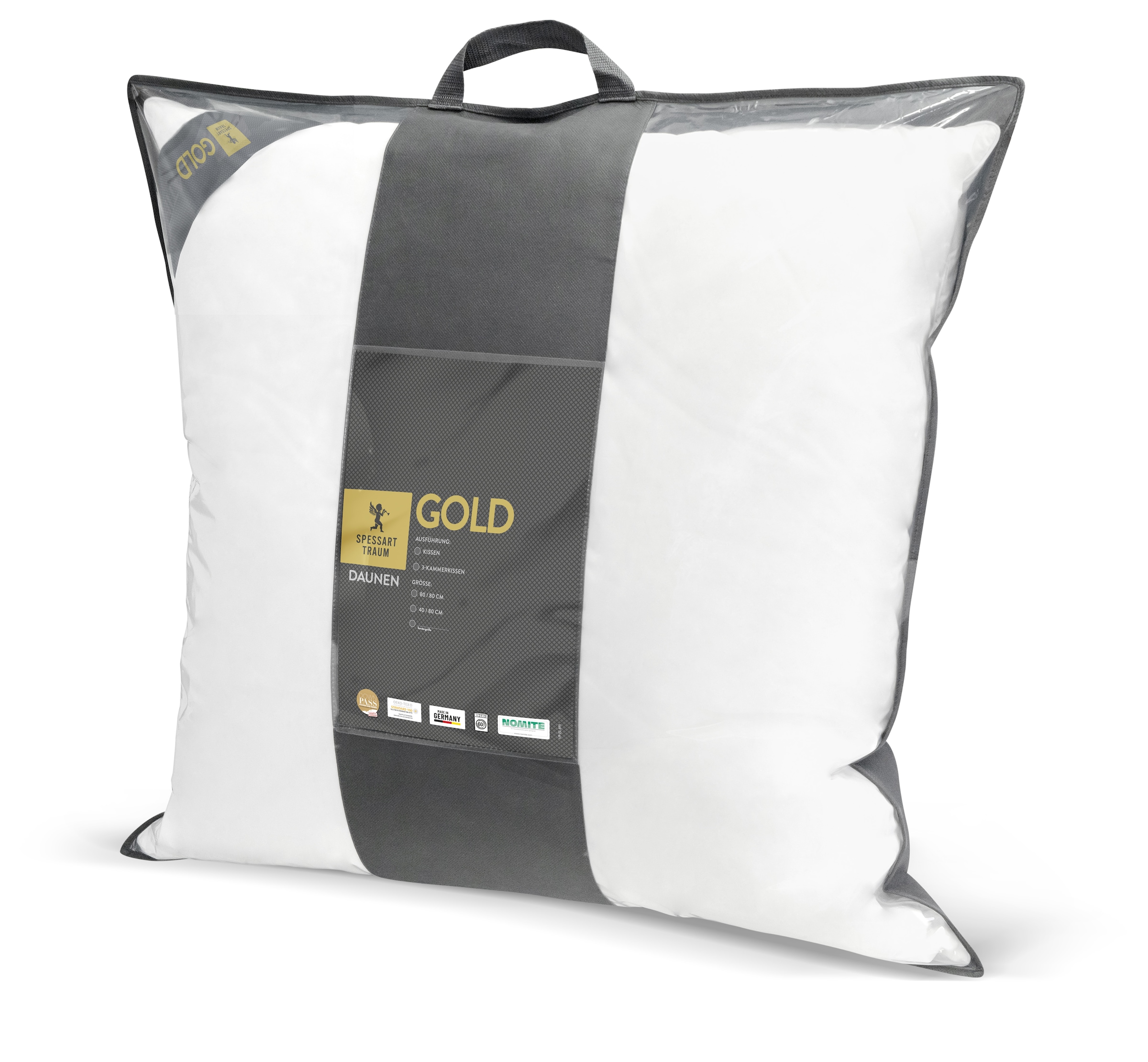 SPESSARTTRAUM 3-Kammer-Kopfkissen »Gold«, Füllung: Aussen: 90% Gänsedaunen, 10% Gänsefedern Innen: 100% Gänsefedern, Bezug: 100% Baumwolle, (1 St.), hergestellt in Deutschland, allergikerfreundlich