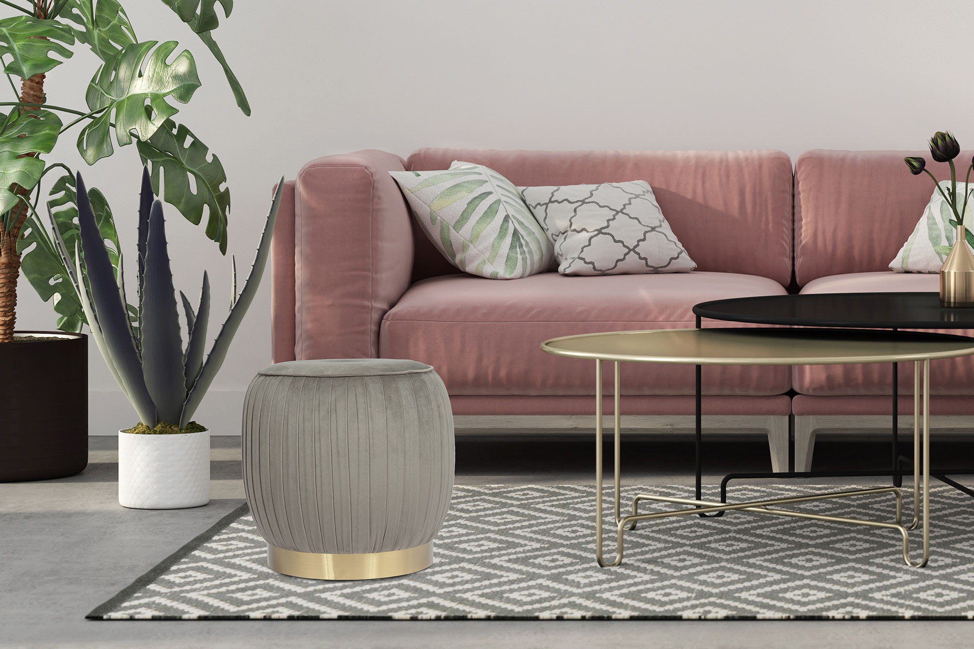 Kayoom Polsterhocker »Hocker Lyla 125, Edler Touch durch goldfarbenenen Sockel, Samtbezug«, (1 St.), samtweich, gesteppte Ziernaht, Edelstahlsockel, Hochwertiger Samtbezug