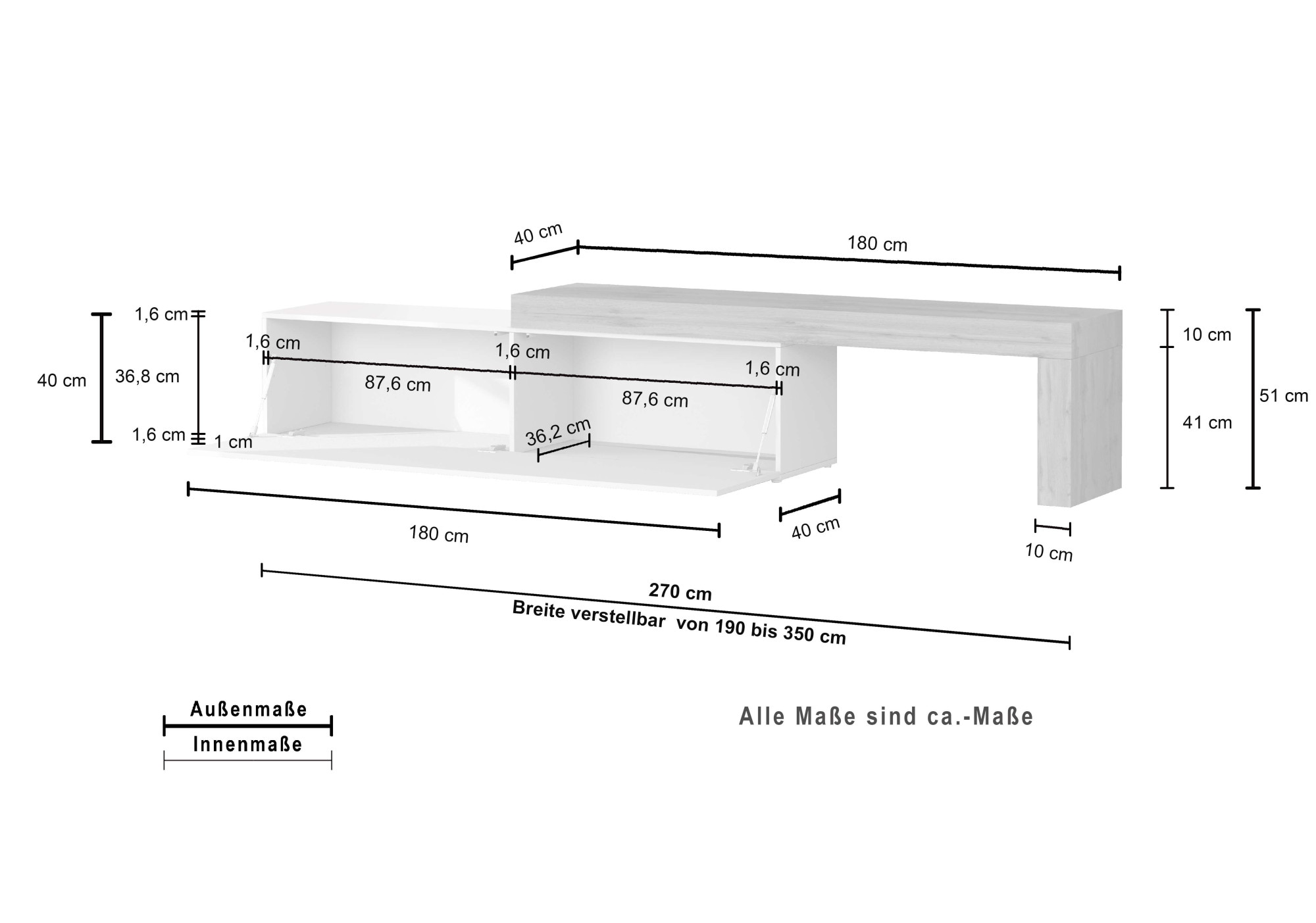 INOSIGN Lowboard »Chronos TV-Board, TV-Schrank«, (1 St., Breite verstellbar von 190 bis 350 cm), Breite 270 cm TV-Board,Lowboard,1 Klappe und ein L-Förmiger Aufsatz