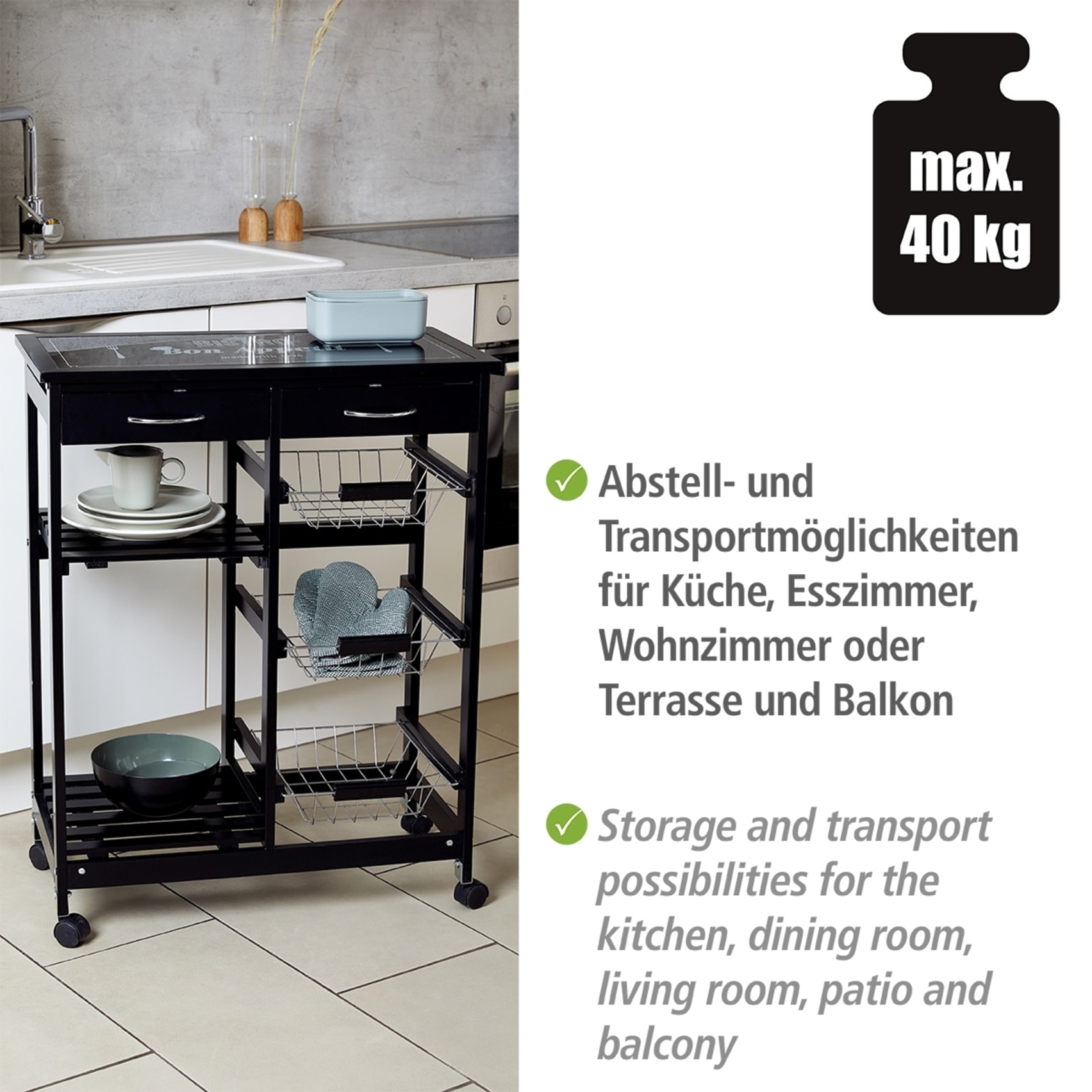 WENKO Servierwagen »Modell Bon Appetit«, Küchenwagen mit 2 Ablagen, 3 Körben und 2 Schubladen