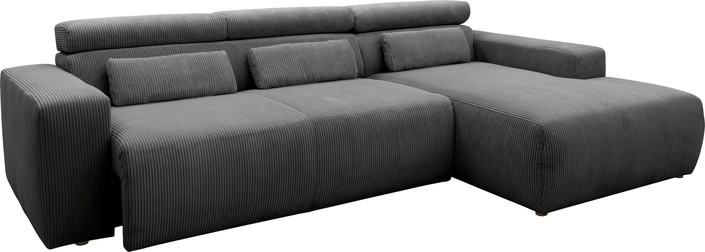 DOMO collection Ecksofa »Brandon B/T: 289/177 cm, belastbar bis 140kg/ Sitz, L-Form«, mit Sitztiefenverstellung, Cord, grau