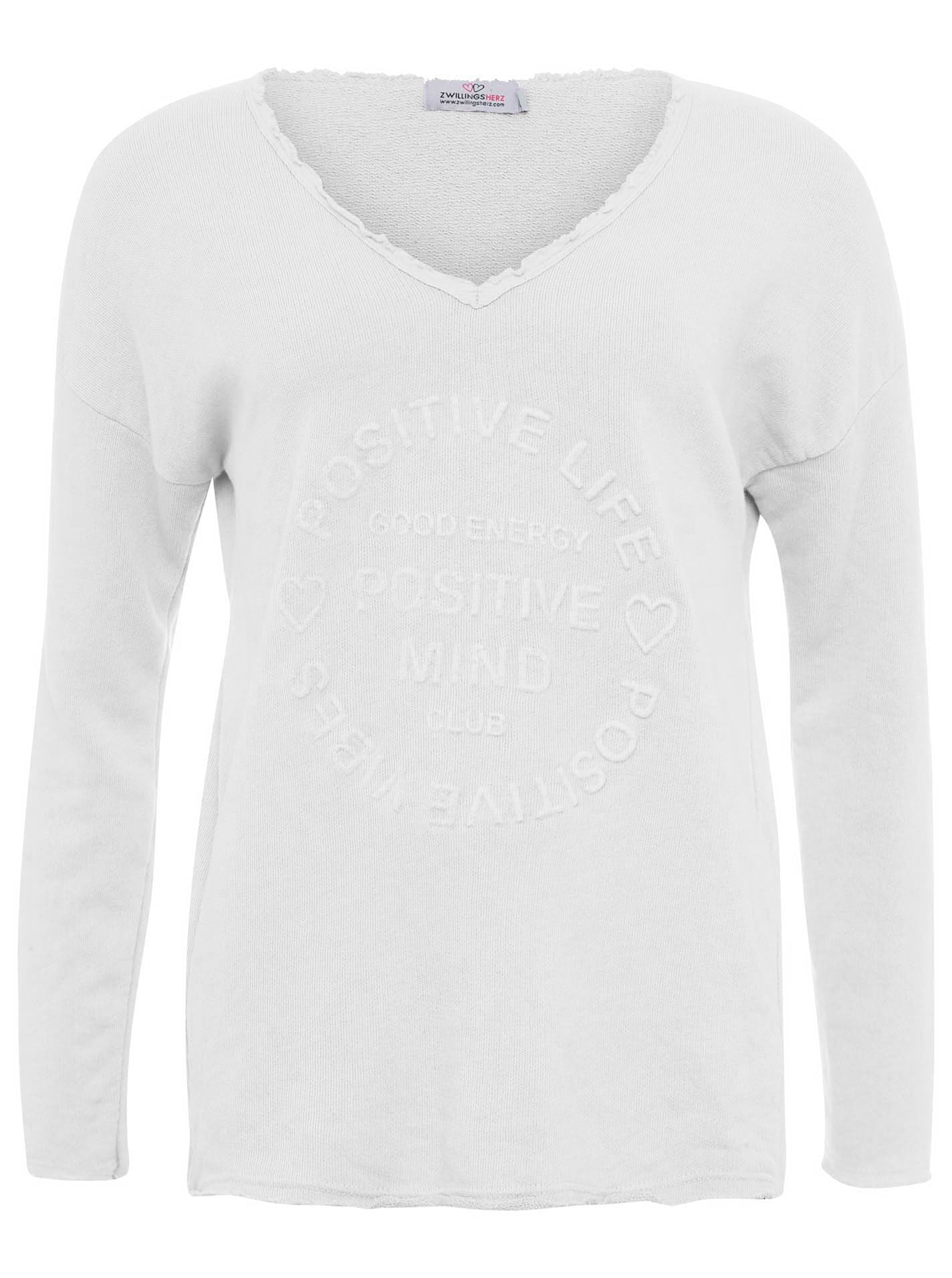 Zwillingsherz Sweatshirt »"Positive Mind"«, ausgefranster V-Ausschnitt, Used Look, Langarm, Schriftzug