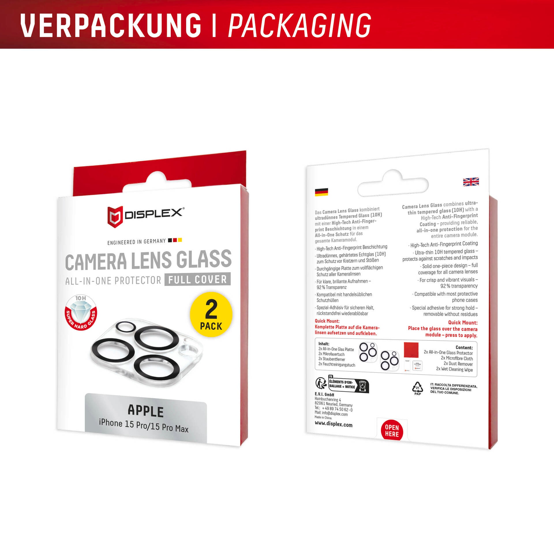 Displex Kameraschutzglas »Camera Lens Glass All-In-One Protector Full Cover«, für Apple iPhone 15 Pro-Apple iPhone 15 Pro Max, (Packung, 2x All-In-One Glas), Objektivschutz, Kameraschutz, kratz- & stossfest