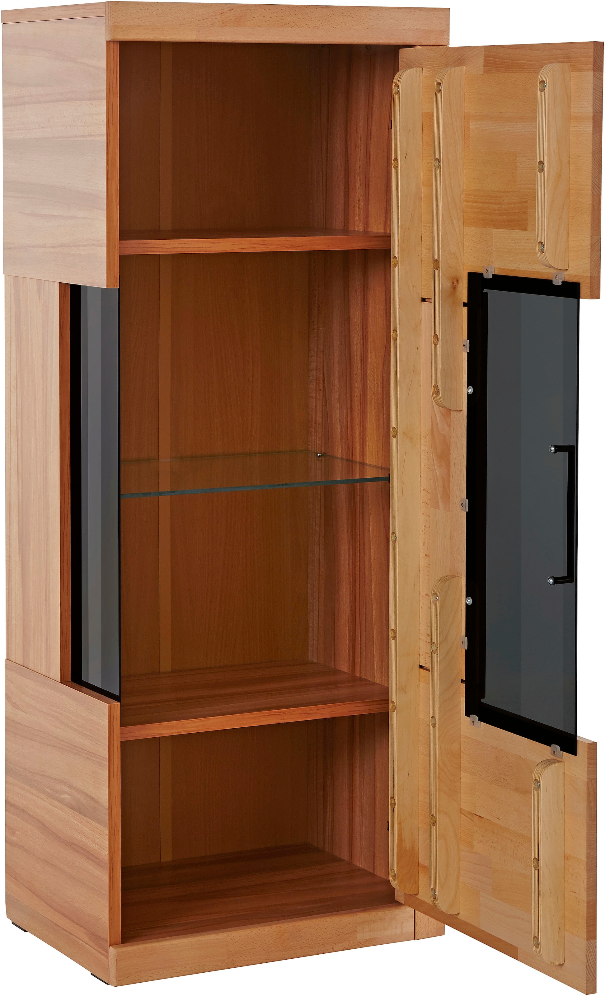 Home affaire Vitrine »Ribe,125cm hoch,35 cm tief,4 Fächer,1Glasboden variabel einsetzbar«, Massivholz, Holzwerkstoff,dunkles gehärtetes Glas, Metall Griffe