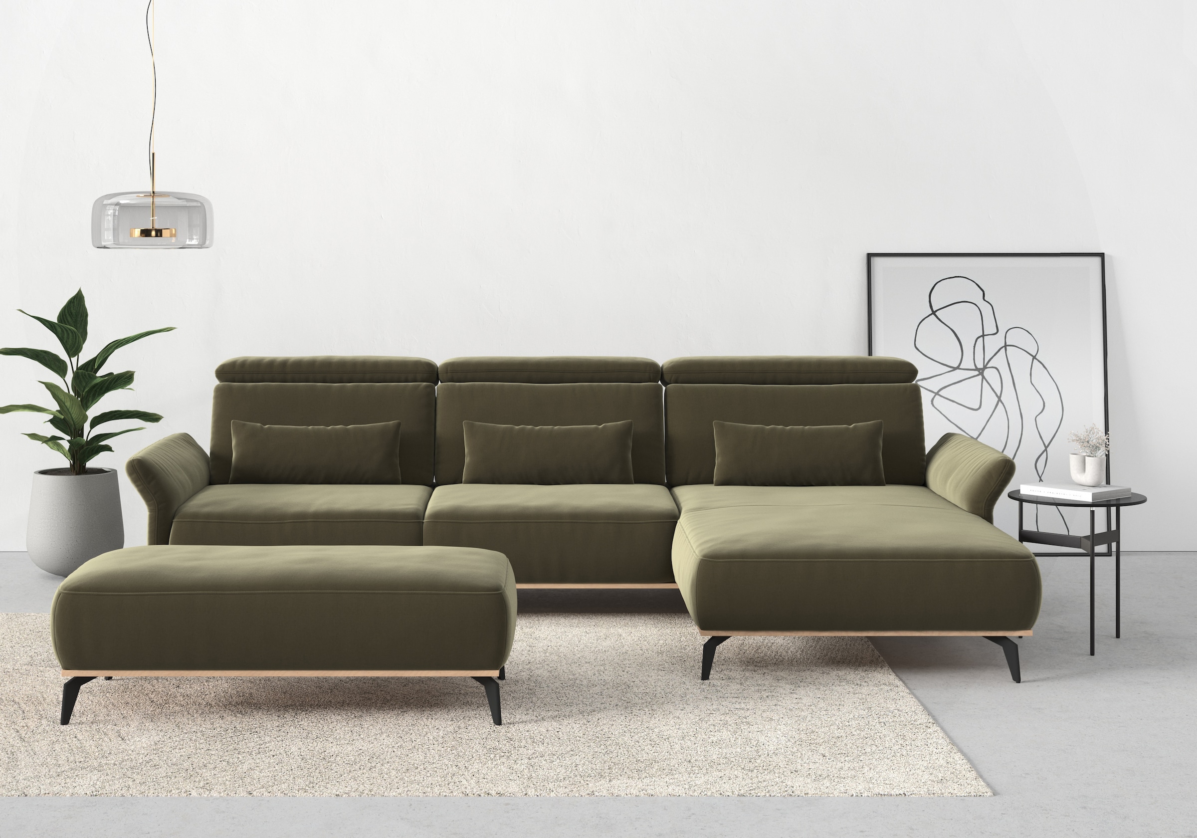 PLACES OF STYLE Ecksofa "Fjord L-Form" massiv, wahlweise mit Armlehnfunktion, Kopf- Sitztiefenverstellung