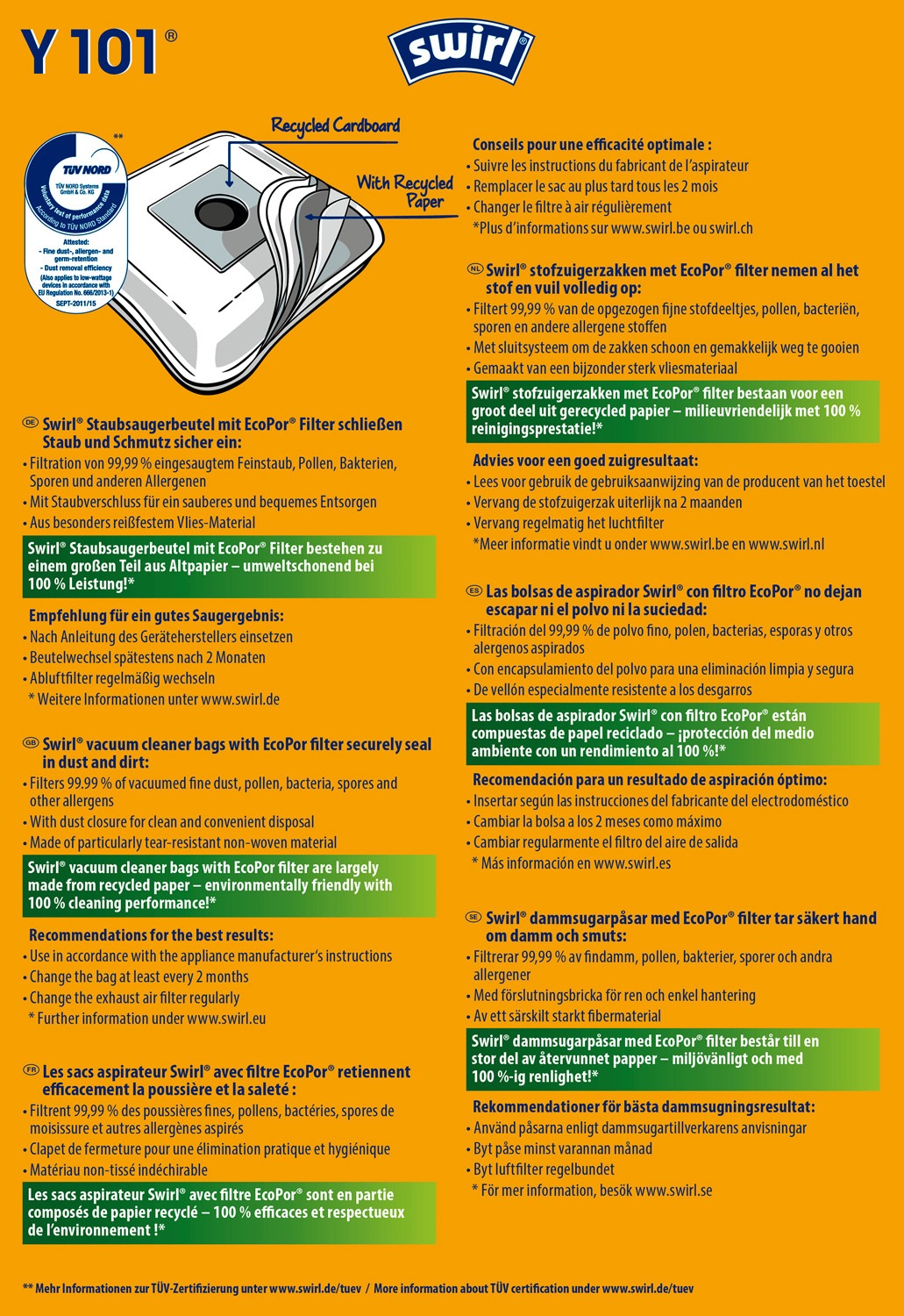 Swirl Staubsaugerbeutel »Swirl® Y 101 EcoPor® XL Vorteilspack für Grundig, Privileg und Severin«, (Packung, 11 St.)