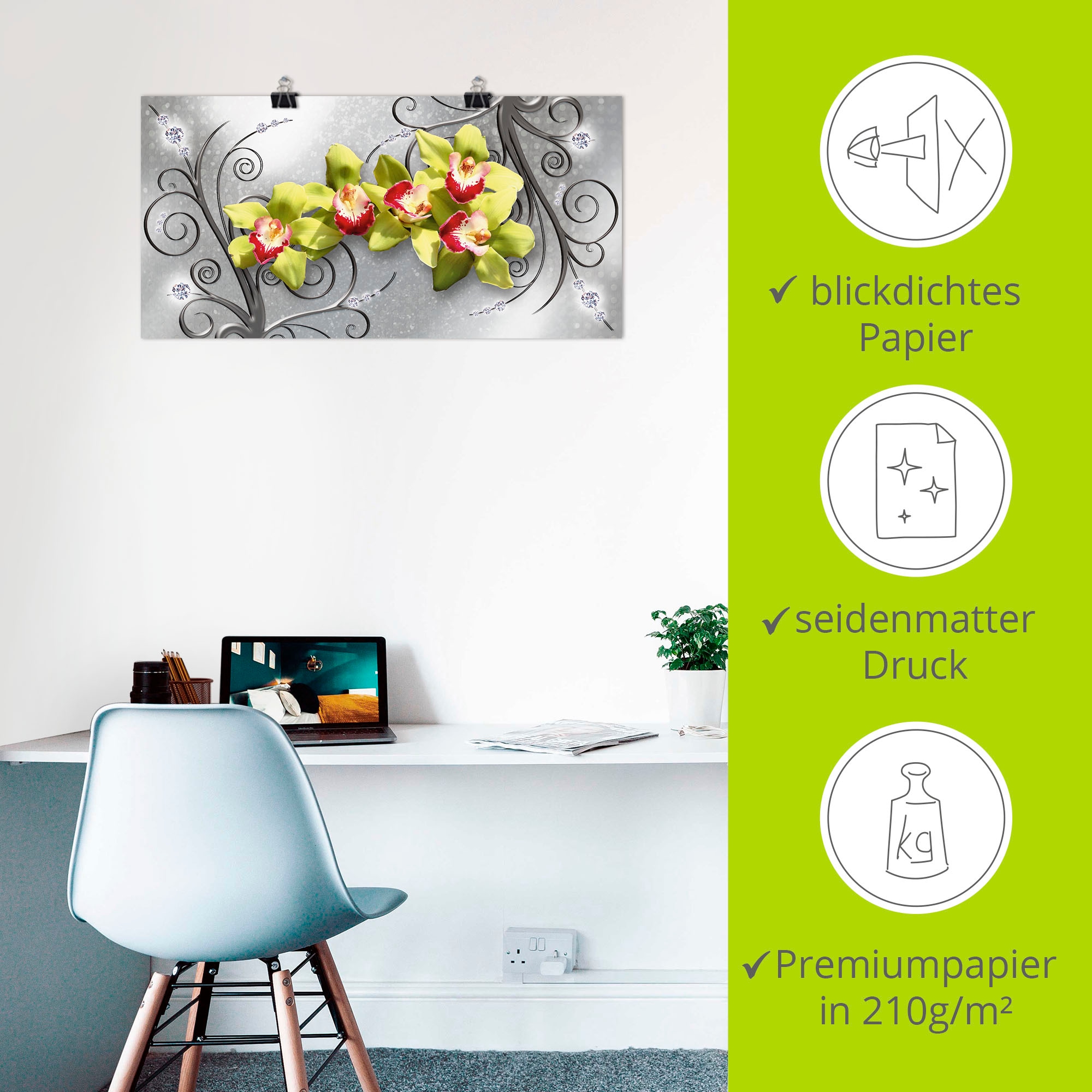 Artland Wandbild »Grüne Orchideen auf Ornamenten«, Blumenbilder, (1 St.), als Alubild, Outdoorbild, Leinwandbild, Poster, Wandaufkleber