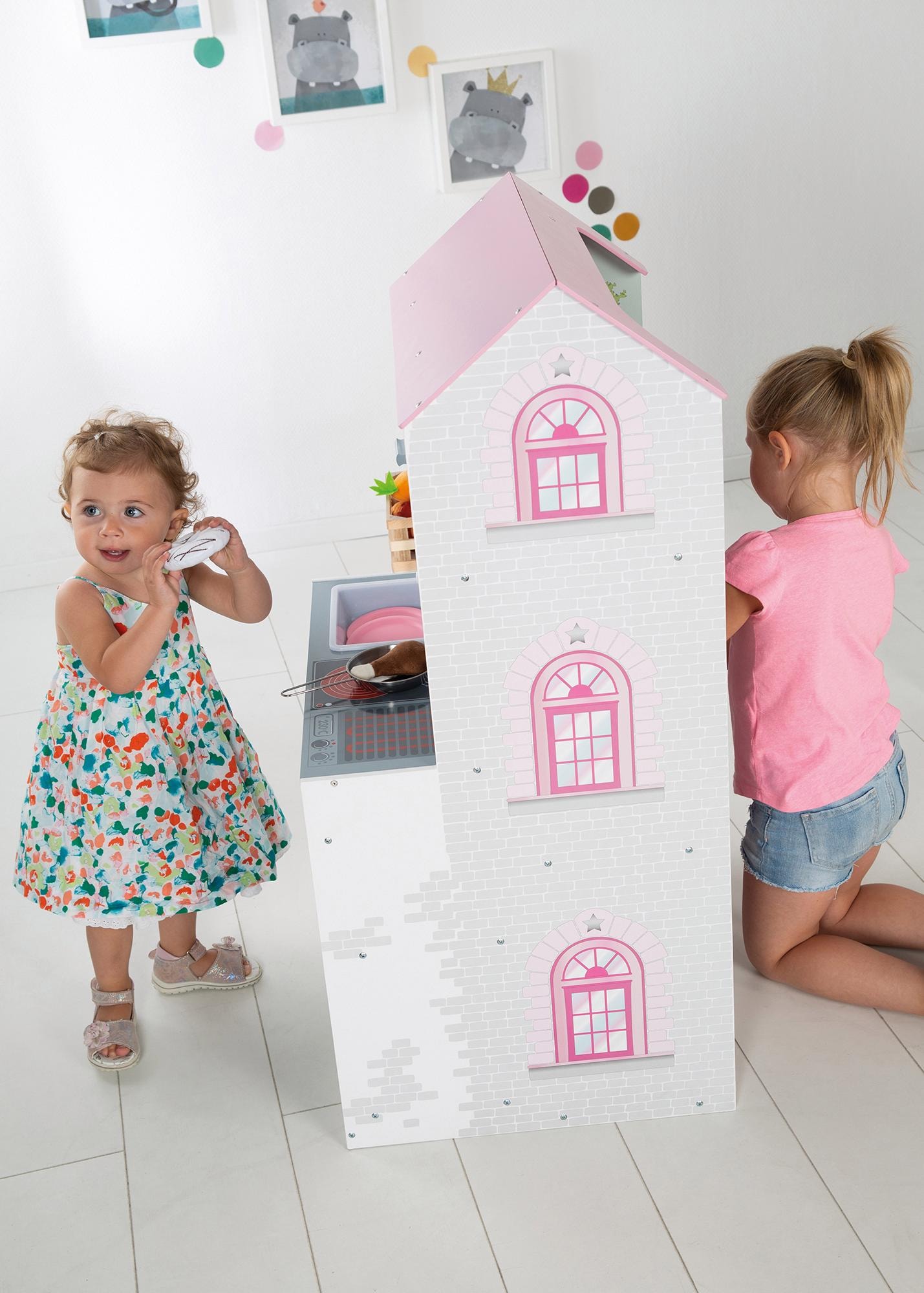 roba® Spielküche »2-in-1, rosa«, mit mehrstöckigem Puppenhaus