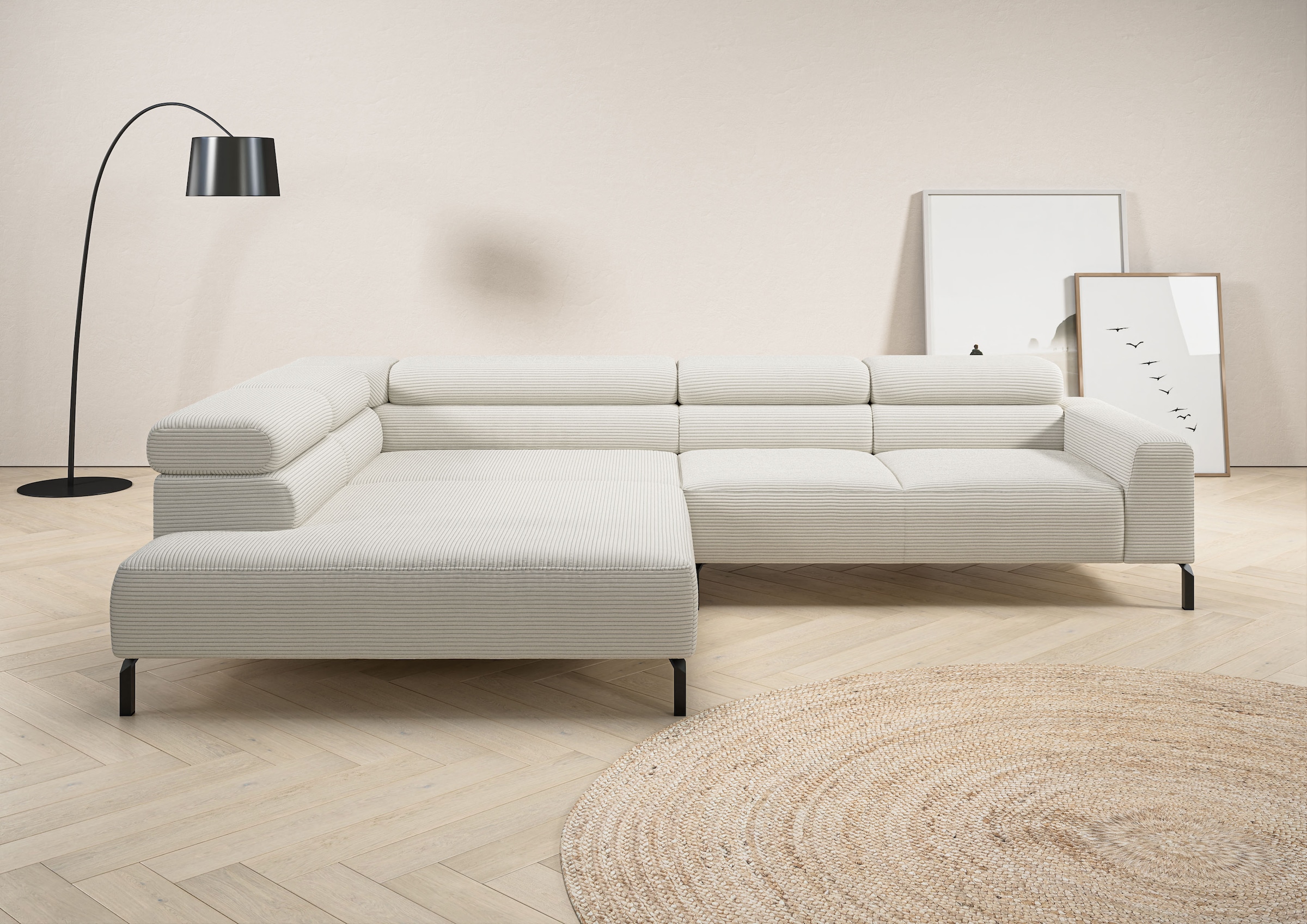 Home affaire Ecksofa "Antonelli, L-Form, incl. Kopfteilverstellung, Breite 312 cm" mit elektrischer Sitztiefenverstellung, in Cord, weiss