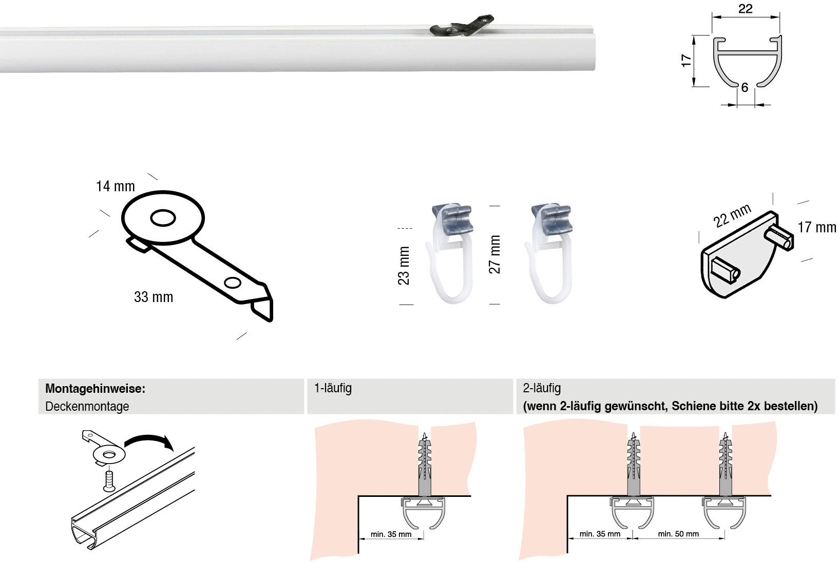 GARESA Gardinenschiene »400«, 1 läufig-läufig, Wunschmasslänge, Aluminiumschiene, schlicht, Deckenmontage, verlängerbar