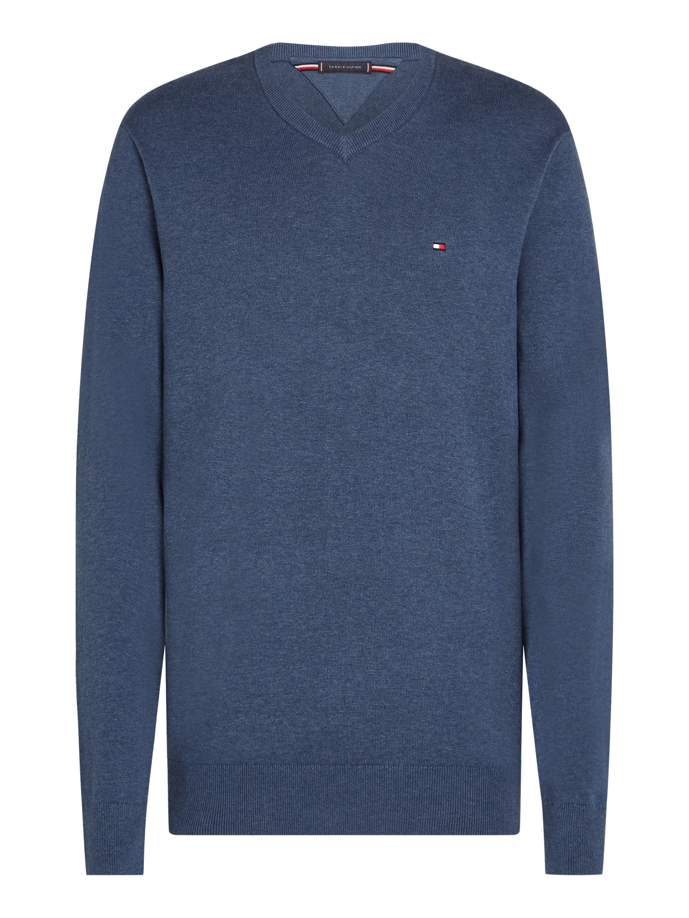 Tommy Hilfiger Strickpullover »ESSENTIAL COTTON V NECK mit V-Ausschnitt und Stickerei«, unifarben, casual, regular fit, Baumwolle, V-Ausschnitt