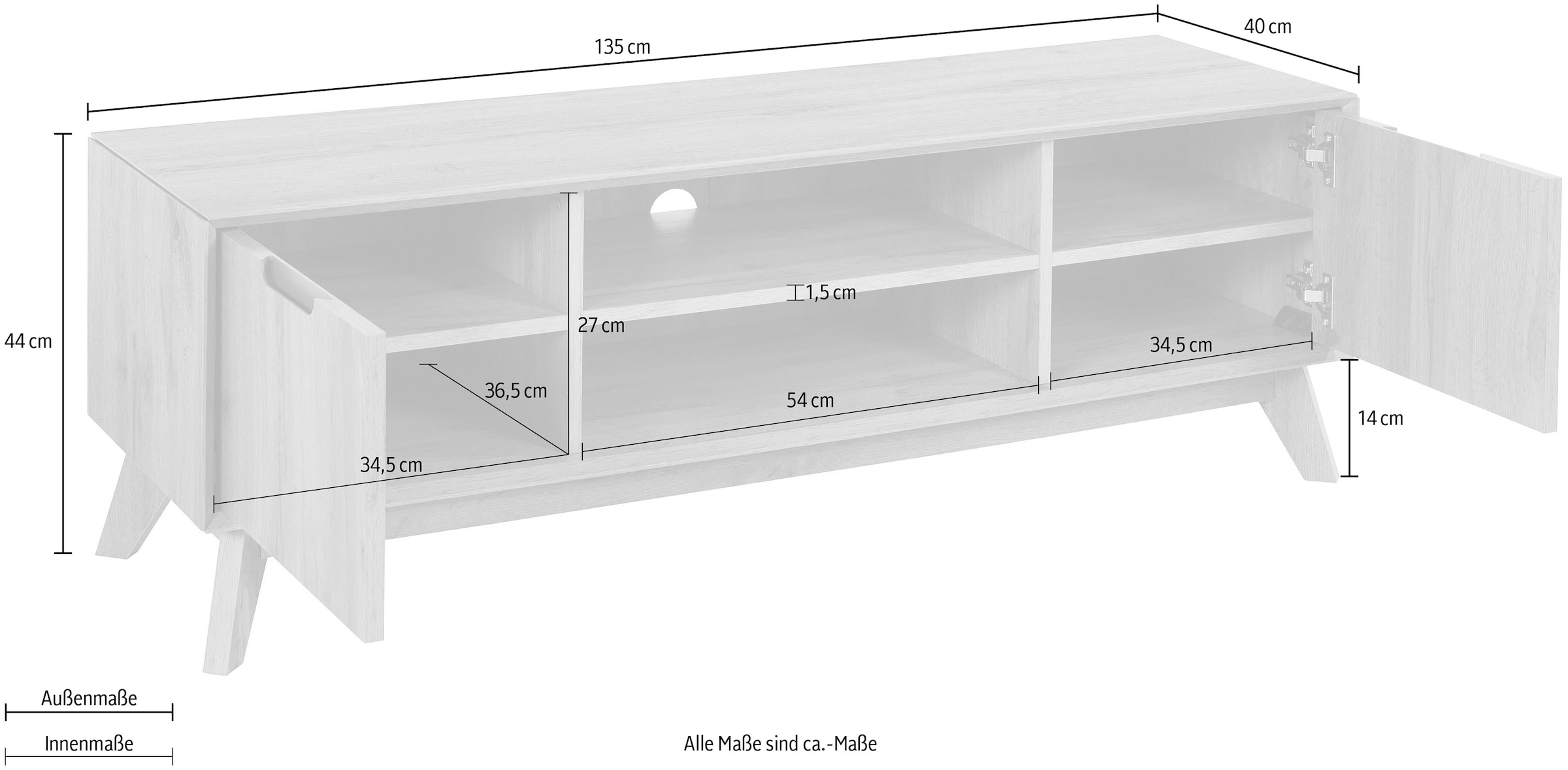andas Lowboard »Pandrup«, mit 3 Einlegeböden und Kabeldurchführung, B:135 cm, H:44 cm