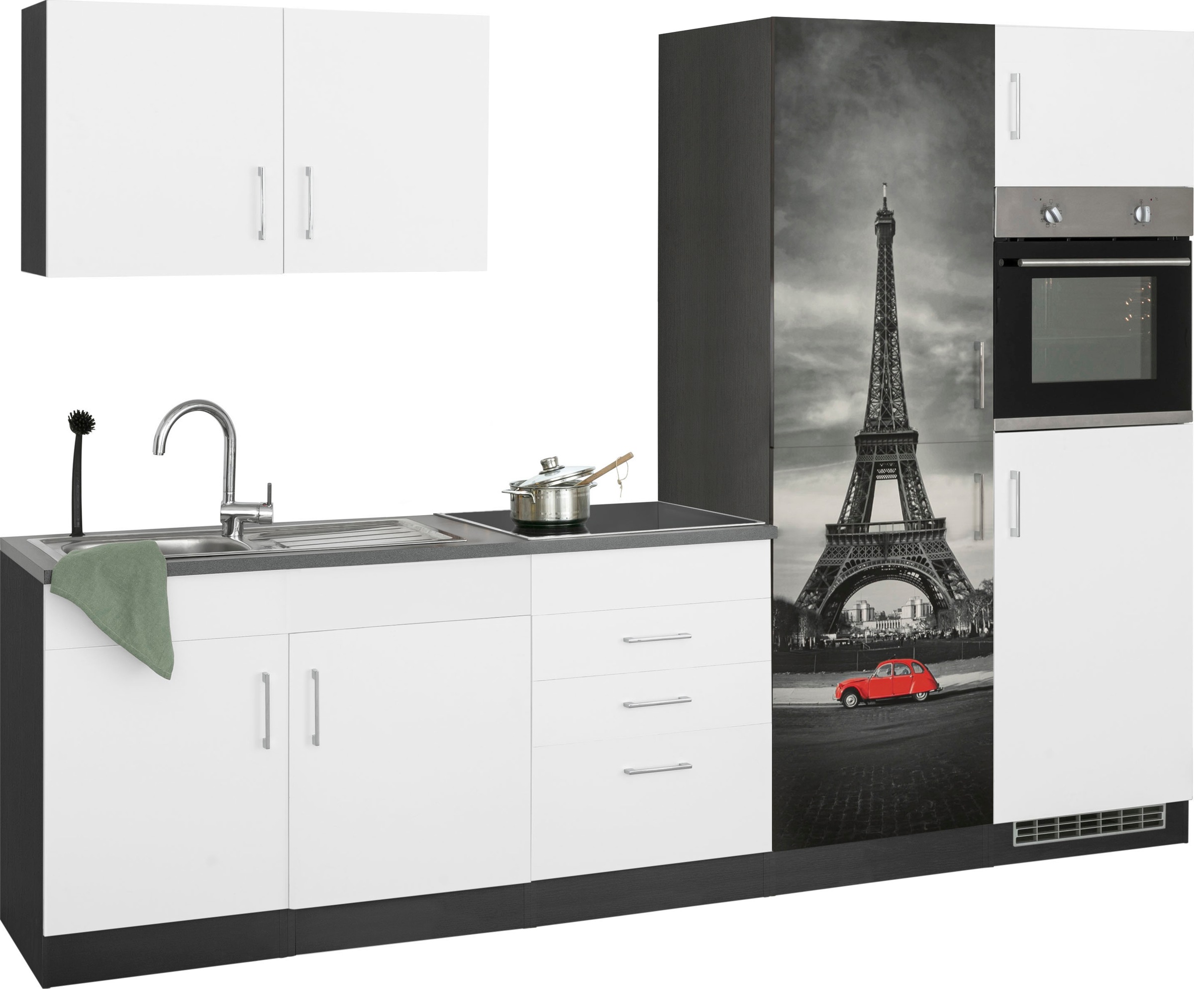 KOCHSTATION Küchenzeile "KS-Paris – Küchen mit einzigartigen Fotomotiven auf den Fronten" Breite 280 cm, wahlweise mit E-Geräten und Induktion