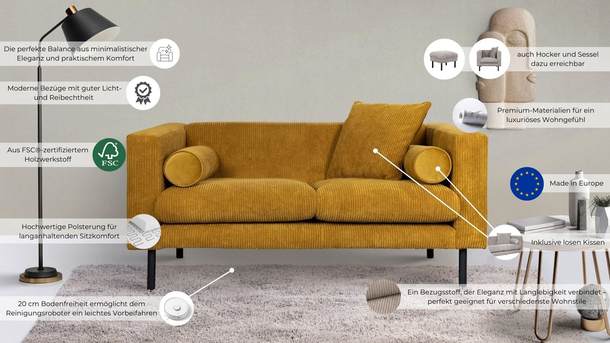Home affaire 2-Sitzer »Lillibeth Designsofa mit Wellenunterfederung, Masse B/T/H: 155/74/83 cm«, Zierkissen als Wendekissen, in Samtoptik oder Cord