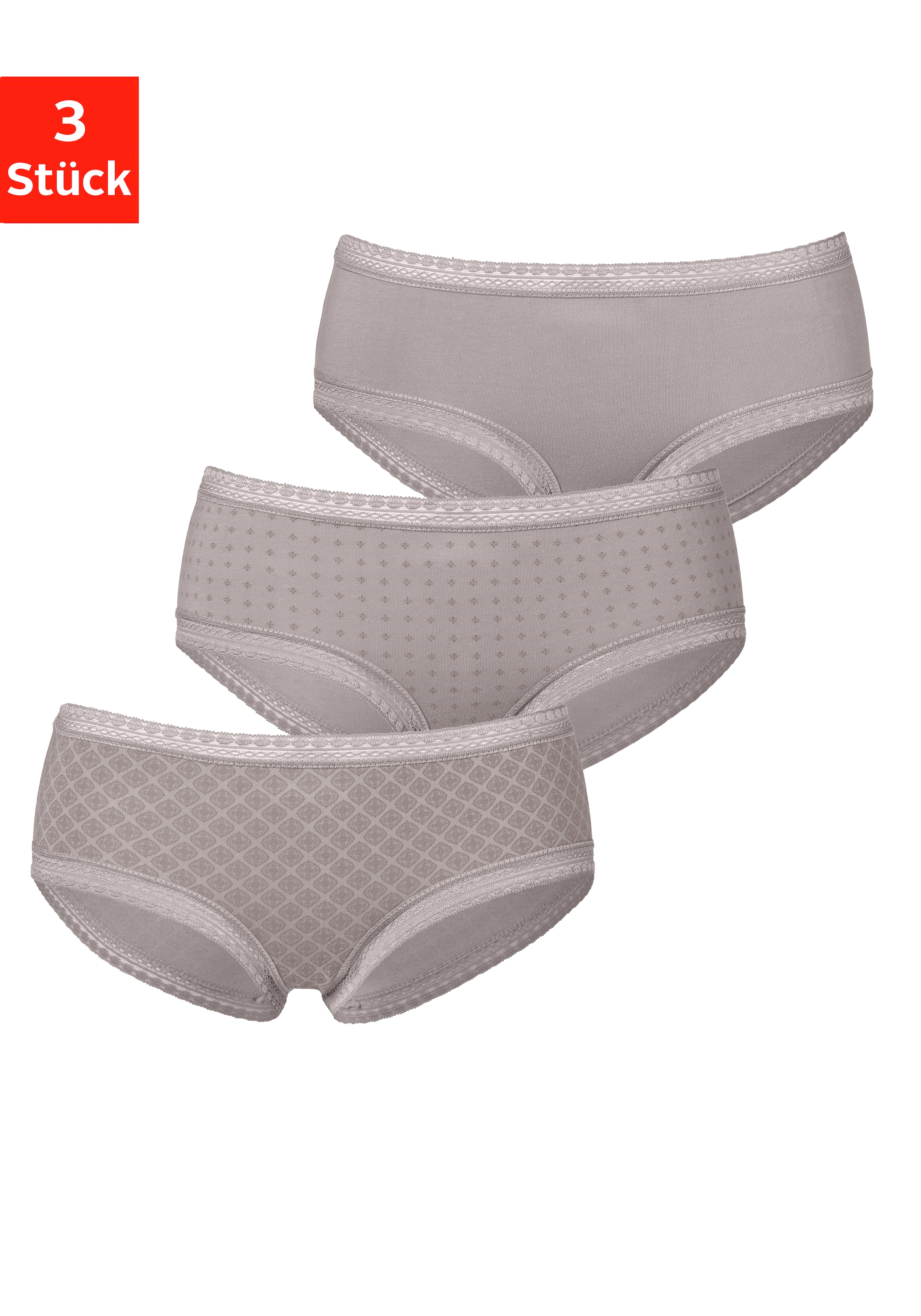 LASCANA Panty, (Packung, 3 St.), aus elastischer Baumwolle mit weicher Spitze