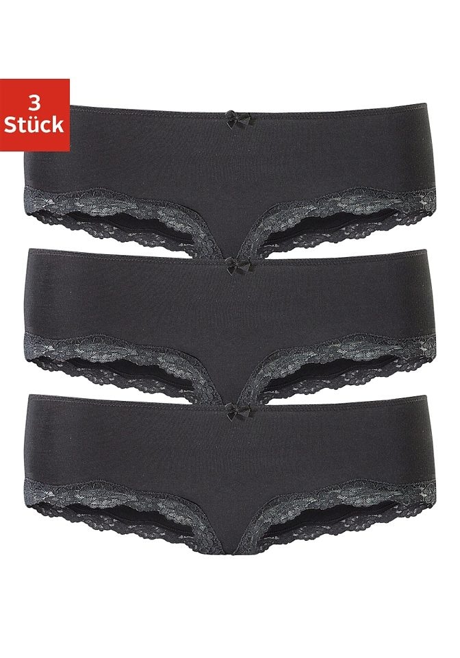 LASCANA Panty, (3er-Pack), aus elastischer Baumwolle mit zarter Spitze