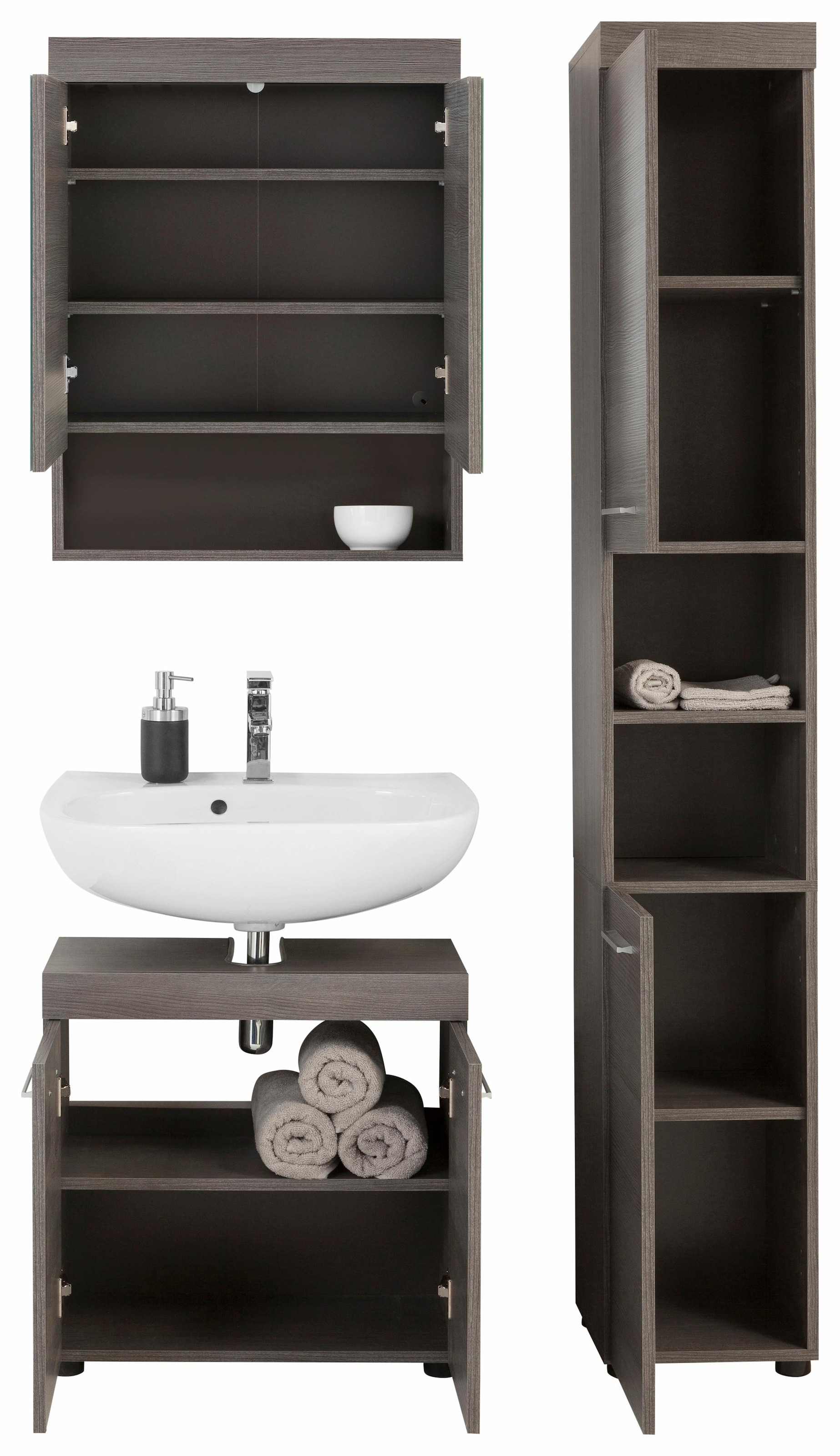 welltime Badmöbel-Set »Royan«, (Set, 3 St.), Rauchsilberfarben Badezimmermöbel Waschtisch, Spiegelschrank und Hochschrank