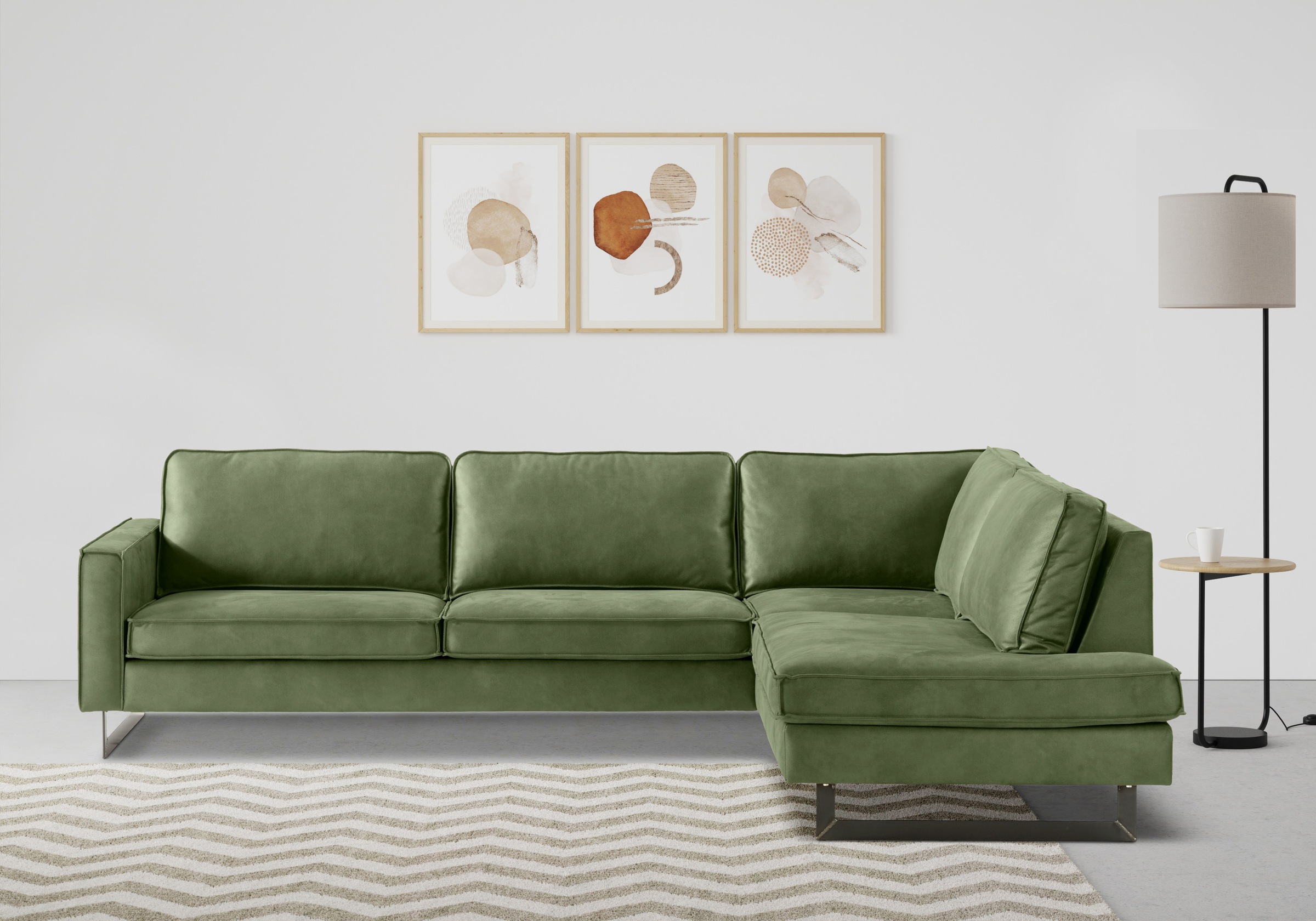 Places of Style Ecksofa »Pinto, 290 cm, Cord, Chenille, Lederoptik, Ottomane links / rechts«, mit Keder, schwarze Metallfüsse, Wellenunterfederung