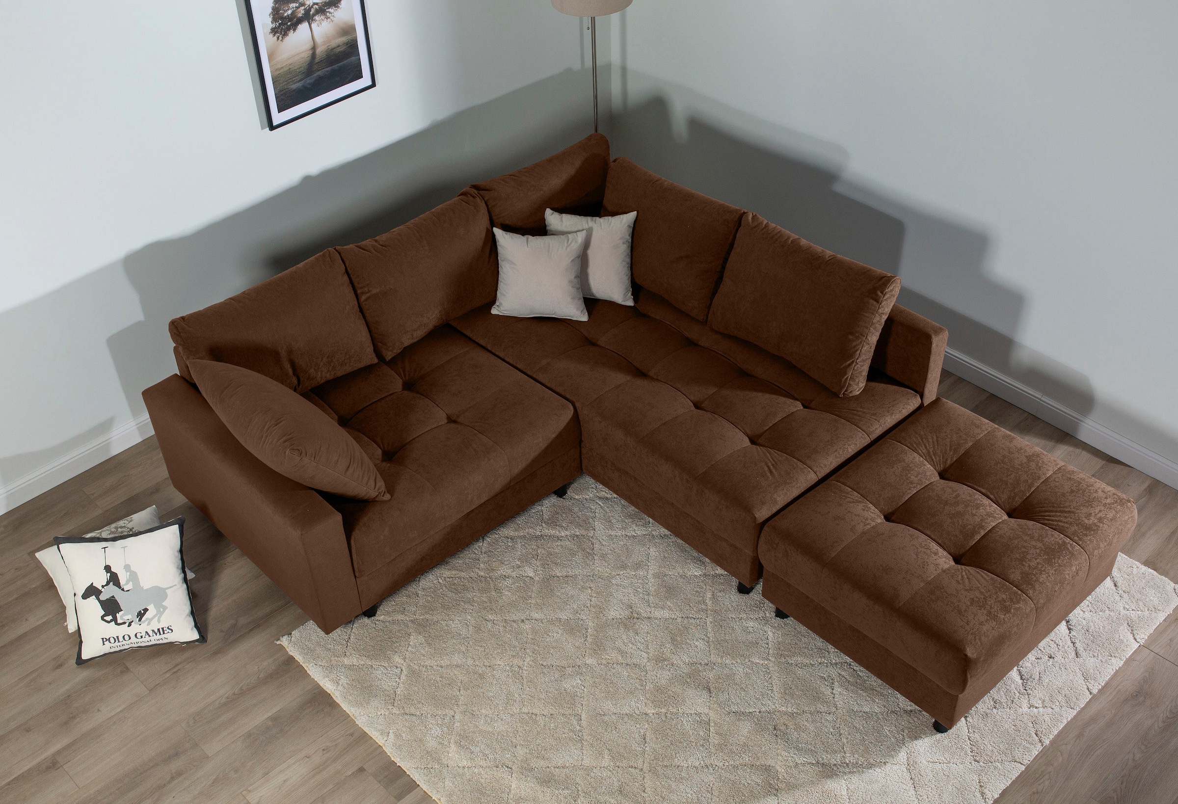 Home affaire Ecksofa »Toni L-Form, B: 215 cm«, mit Hocker & 2 Zierkissen, Federkern