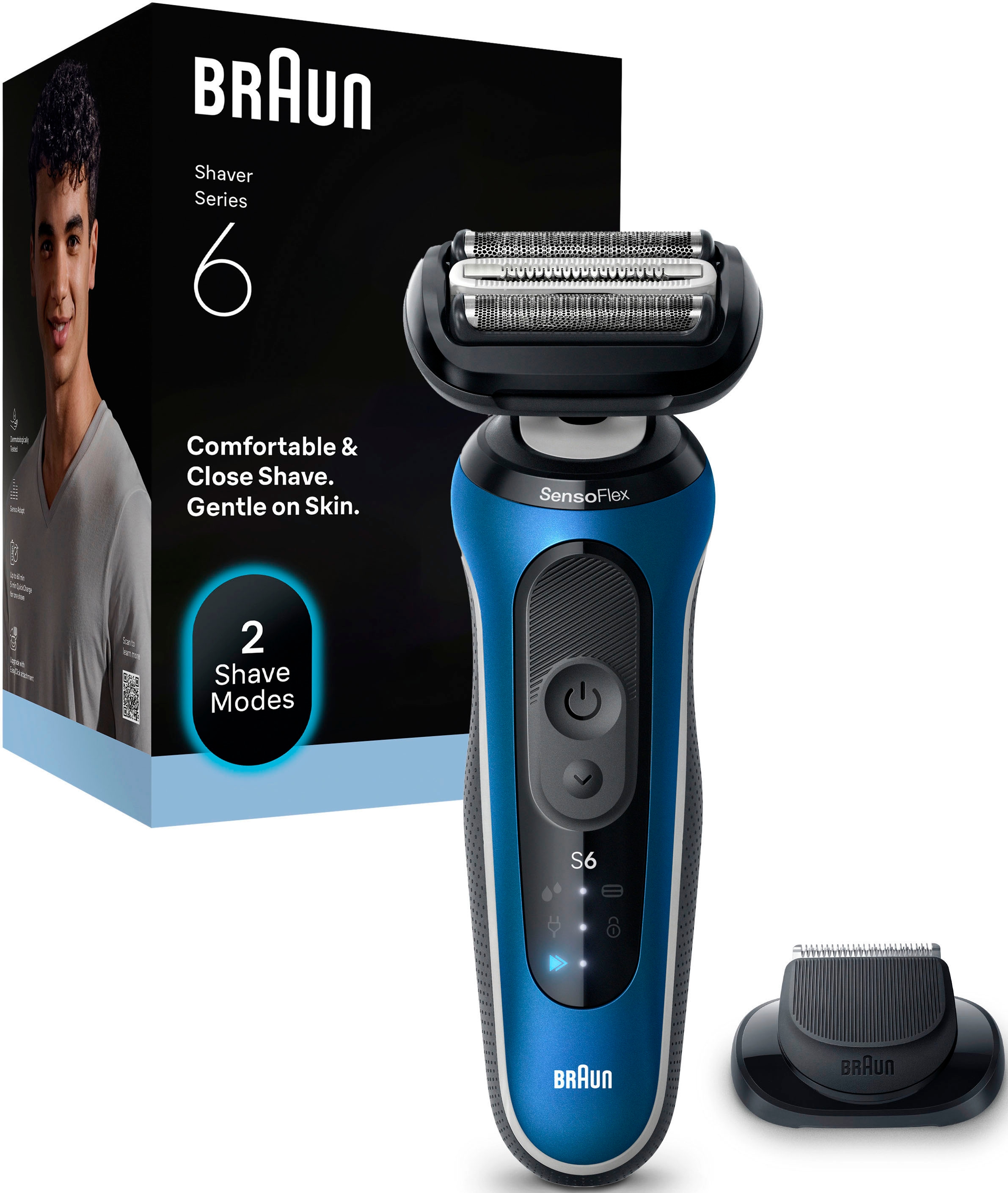 Braun Elektrorasierer "Series 6 62-B1200S" 1 Stk. Aufsätze 100% wasserdicht, Präzisionstrimmer-Aufsatz, bis zu 60 Min