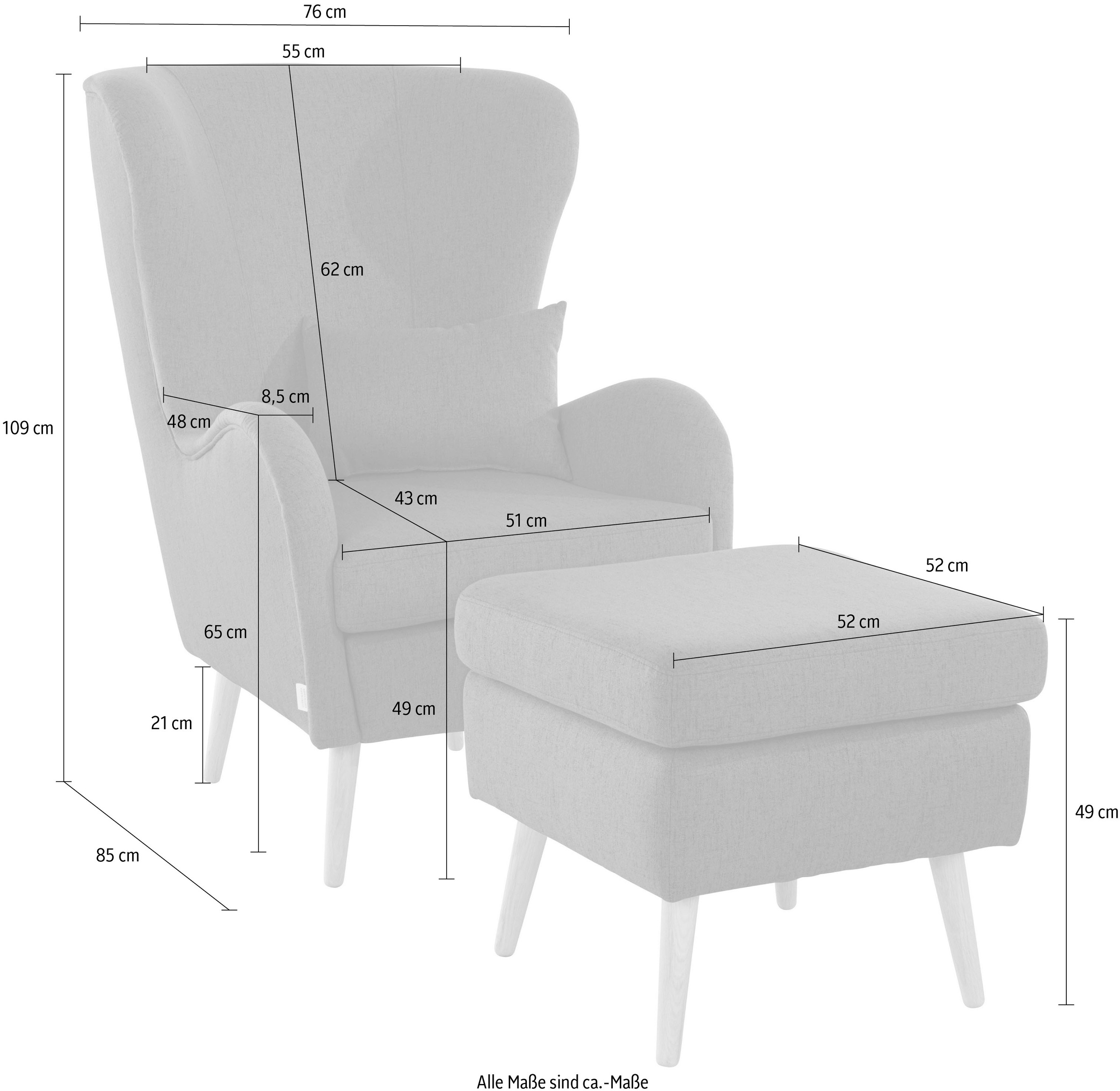 Home affaire Sessel »Sallito, TV-Sessel, Ohrensessel mit«, Hocker, in vielen Bezugsqualitäten, auch in Samtcord