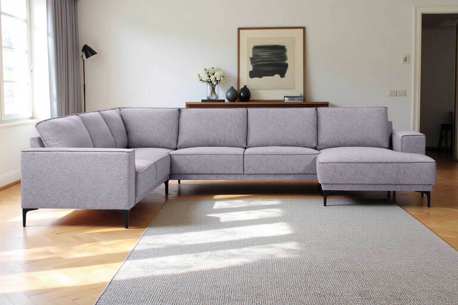 Places of Style Wohnlandschaft »XXL Sofa Oland, Struktur, Flachgewebe, Luxus-Microfaser, Boucle«, U-Form, 342 cm, Wellenunterfederung, Skandi-Design, Metallfüsse