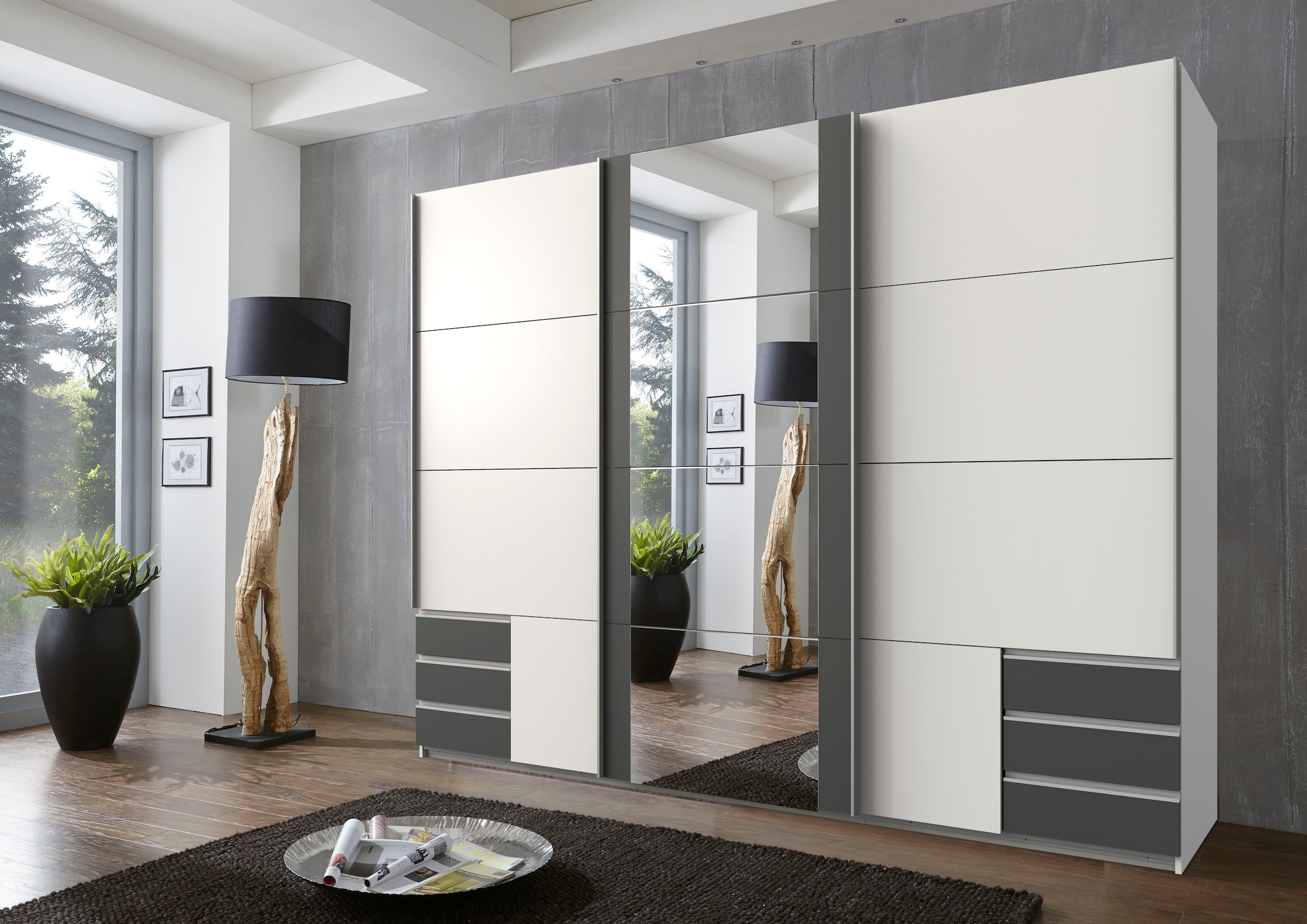 Wimex Schwebetürenschrank »Emden moderner Kleiderschrank mit Spiegel und Schubladen BESTSELLER«, Schlafzimmer Schrank Garderobenschrank mit Schwebetüren Topseller
