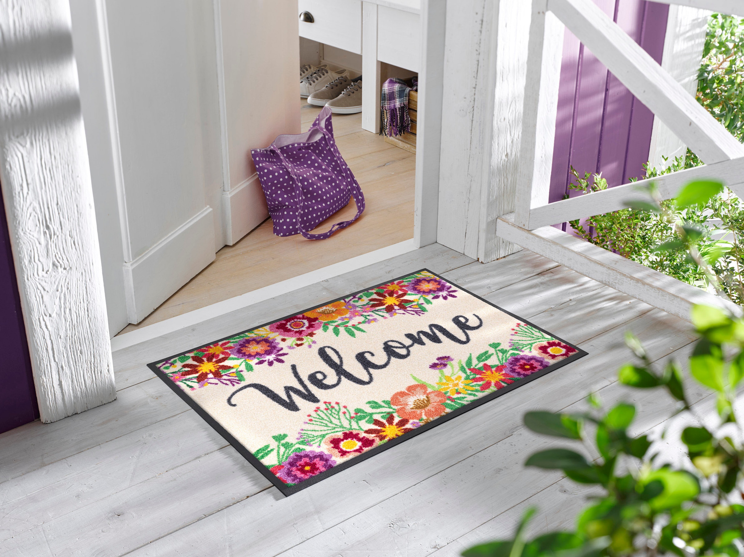 wash+dry by Kleen-Tex Fussmatte »Welcome Blooming«, rechteckig, 7 mm Höhe, Schmutzfangmatte, mit Spruch, rutschhemmend, waschbar