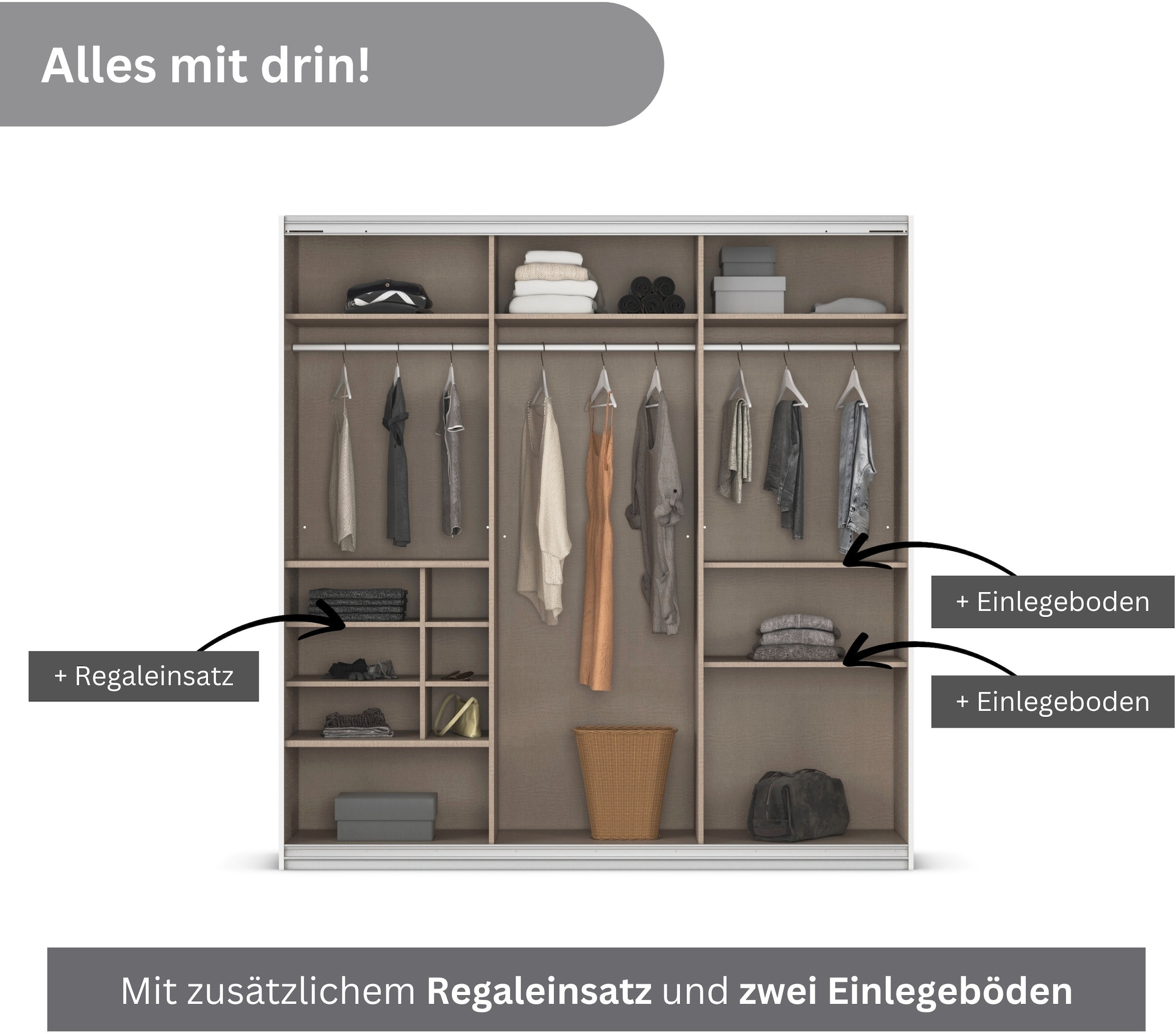 rauch Schwebetürenschrank »Kleiderschrank Schrank Garderobe Wäscheschrank TOMA«, inkl. Regaleinsatz sowie zusätzlichen Einlegeböden MADE IN GERMANY